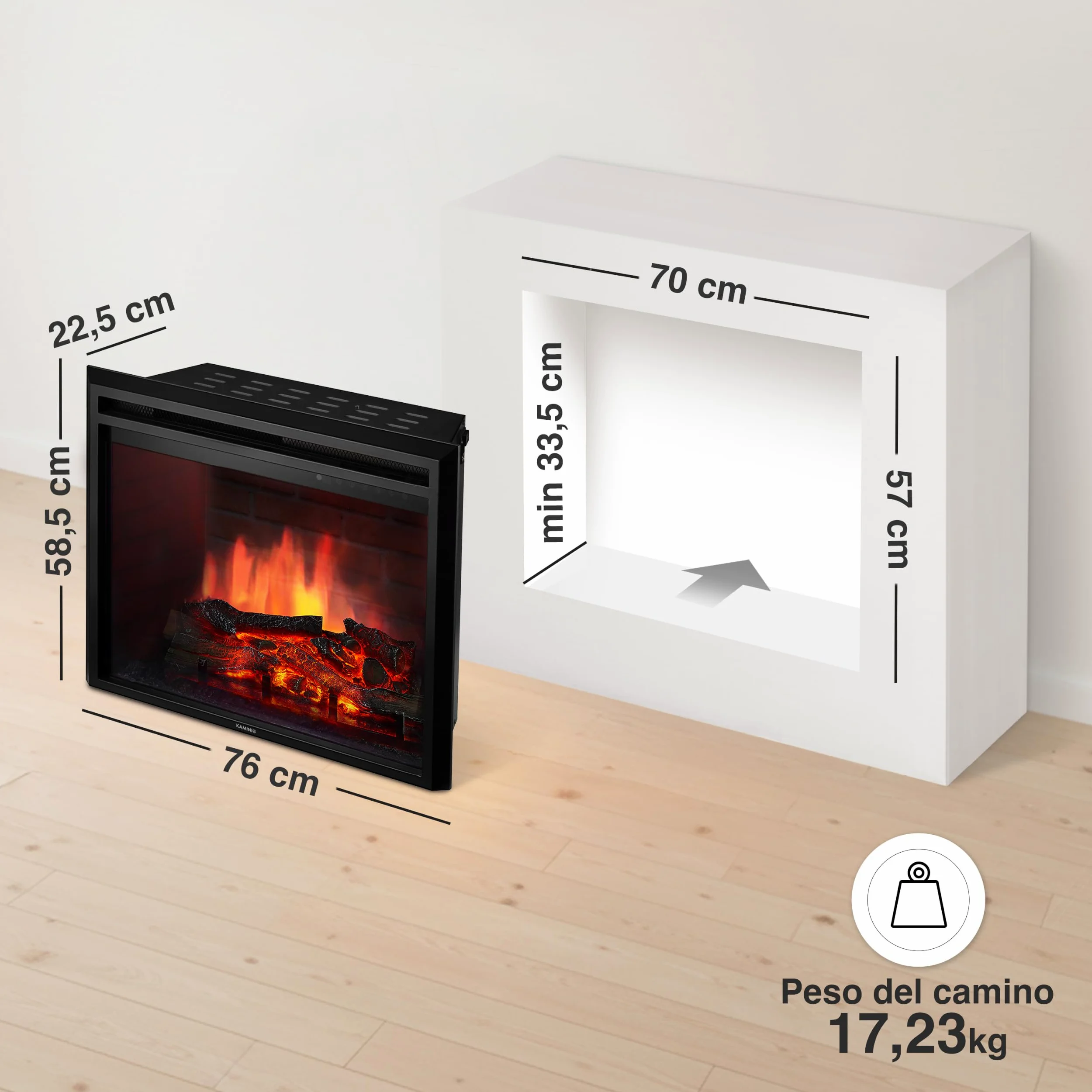 KAMINIO Camino elettrico LUCA - Camino elettrico a incasso con riscaldamento, effetto fiamma 3D, 12 colori di fiamma, telecomando (30 pollici)