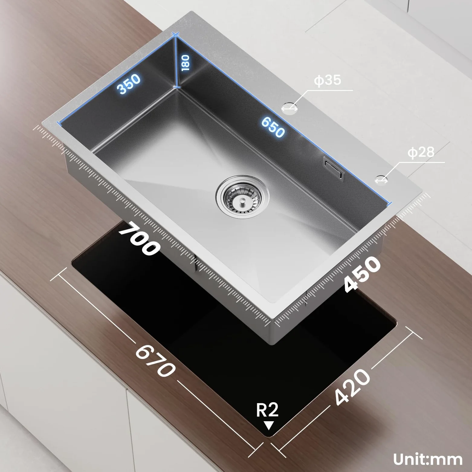 CECIPA 70x45 cm Lavello Cucina con Arco Rubinetto Cucina Estraibile, Lavandino Cucina 1 Vasca in Acciaio Inox con cestello scolapiatti, per Mobile da 70cm