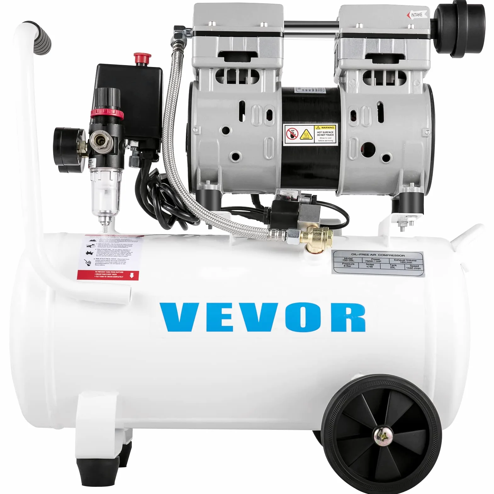 VEVOR Compressore Silenzioso 750W, Oil-free 25 L, Pressione 8 Bar, 220V, Compressore d'Aria Portatile, Rumorosità: 68 dB, per Esigenze di Gonfiaggio