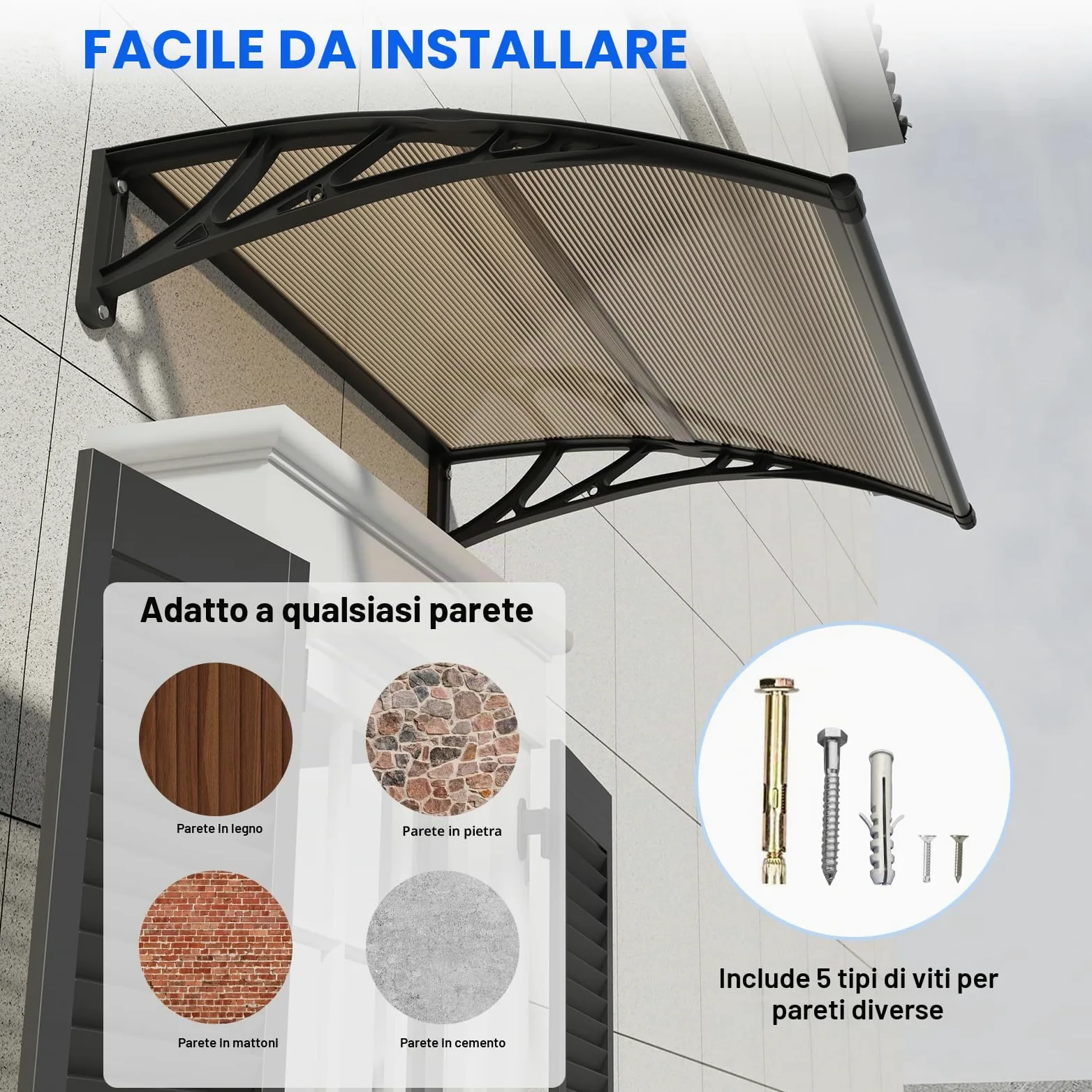 Pensilina Tettoia per Porta Balcone Esterno 200x100 cm in Policarbonato,Baldacchino Tetto per Finestra e Veranda, con Protezione UV, Antipioggia e Antineve