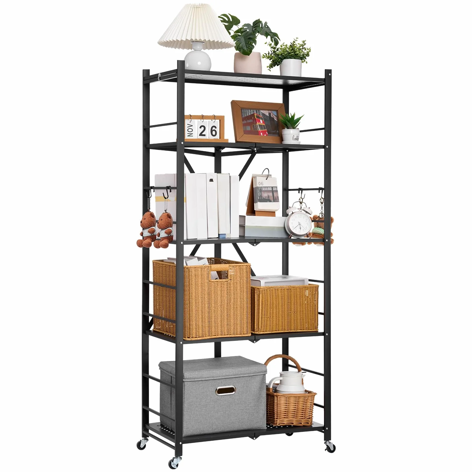 VEVOR Scaffale Portaoggetti Pieghevole a 5 Ripiani con Ruote, Scaffale in Metallo Pieghevole, Robusto Resistente Senza Montaggio, Ideale per Garage, Cucina, Cantina Nero 380 x 710 x 1630 mm