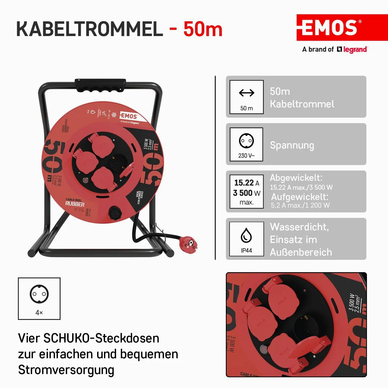 EMOS - Avvolgicavo da 50 m - 4 prese Schuko - impermeabile, resistente agli urti, resistente alle temperature - 230 V, 15 A, 3500 W - Isolamento in gomma - H05RR-F 2,5 mm2 - IP44 per esterni