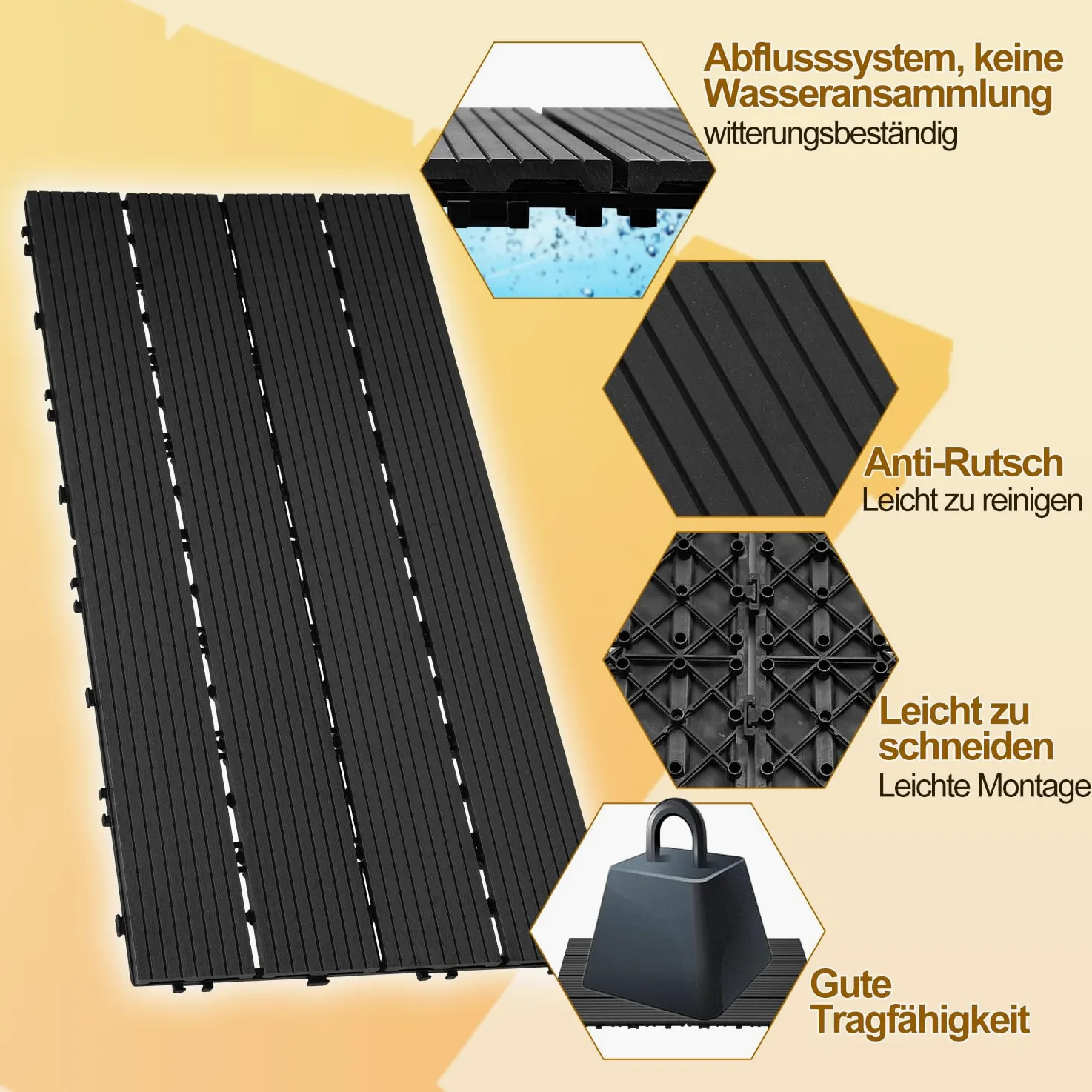 Randaco Piastrelle in Plastica Composita WPC, 30x60cm 12 Pannelli / 2 m² Pavimentazione in Plastica-legno all'aperto con Drenaggio e Sistema Plug-in, per Terrazze, Pavimenti, Antracite