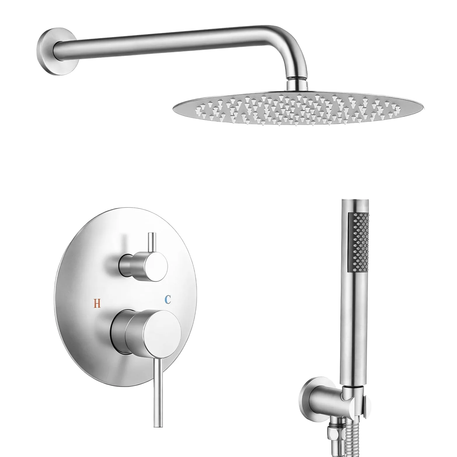 SaniteModar Set Doccia Incasso | Miscelatore Doccia Incasso con Soffione a Pioggia Rotondo 25cm e Doccetta | Nichel Spazzolato