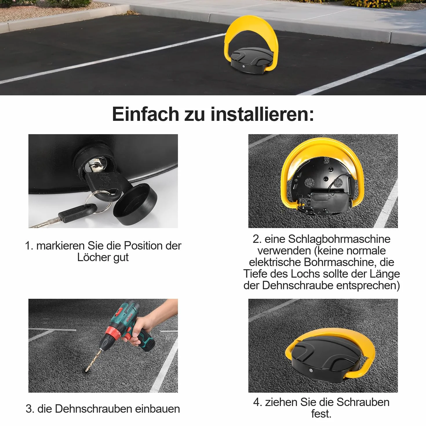 Set di 2 blocchi di parcheggio elettrici, 4 telecomandi e 4 chiavi, IP67, impermeabili, pali di parcheggio pieghevoli in acciaio, barriera a 180° con allarme per parcheggio privato
