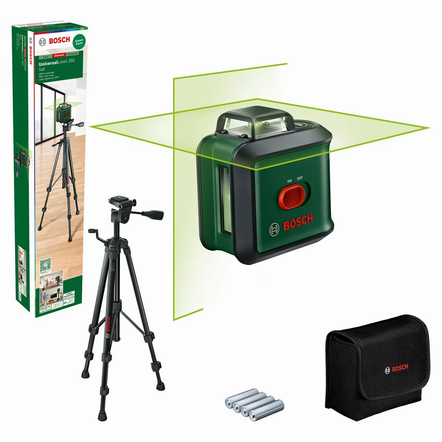Bosch livella laser multifunzione UniversalLevel 360 con treppiede premium (linee laser verticali + orizzontali incl. 360° per allineamento dell'intera stanza, in cartone)