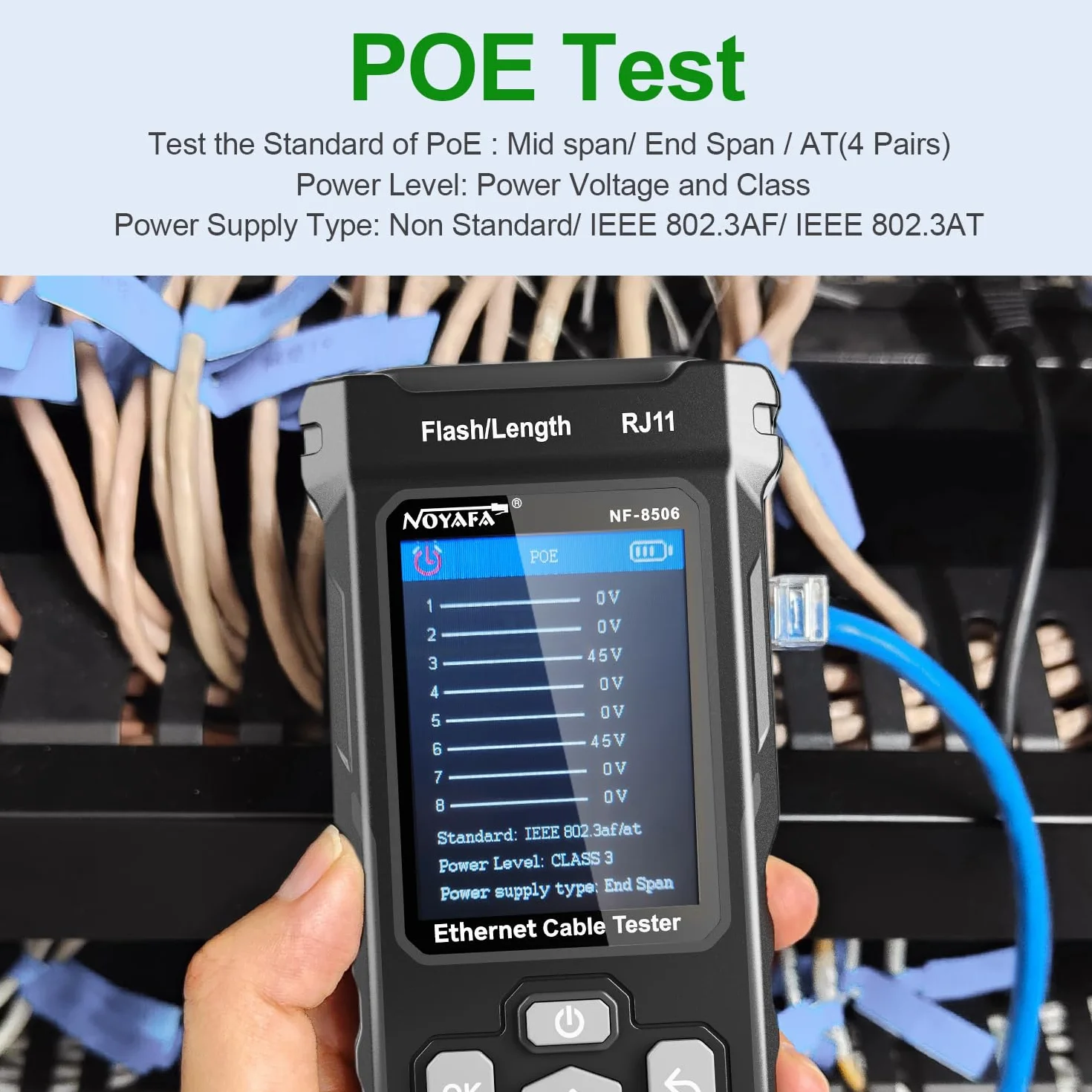 NOYAFA Tester di rete con scansione IP, test PING e switch rate, mappatura dei cavi di rete TDR, tester per cavi Ethernet RJ11 RJ45 per test PoE Cat5/Cat6, NF-8506
