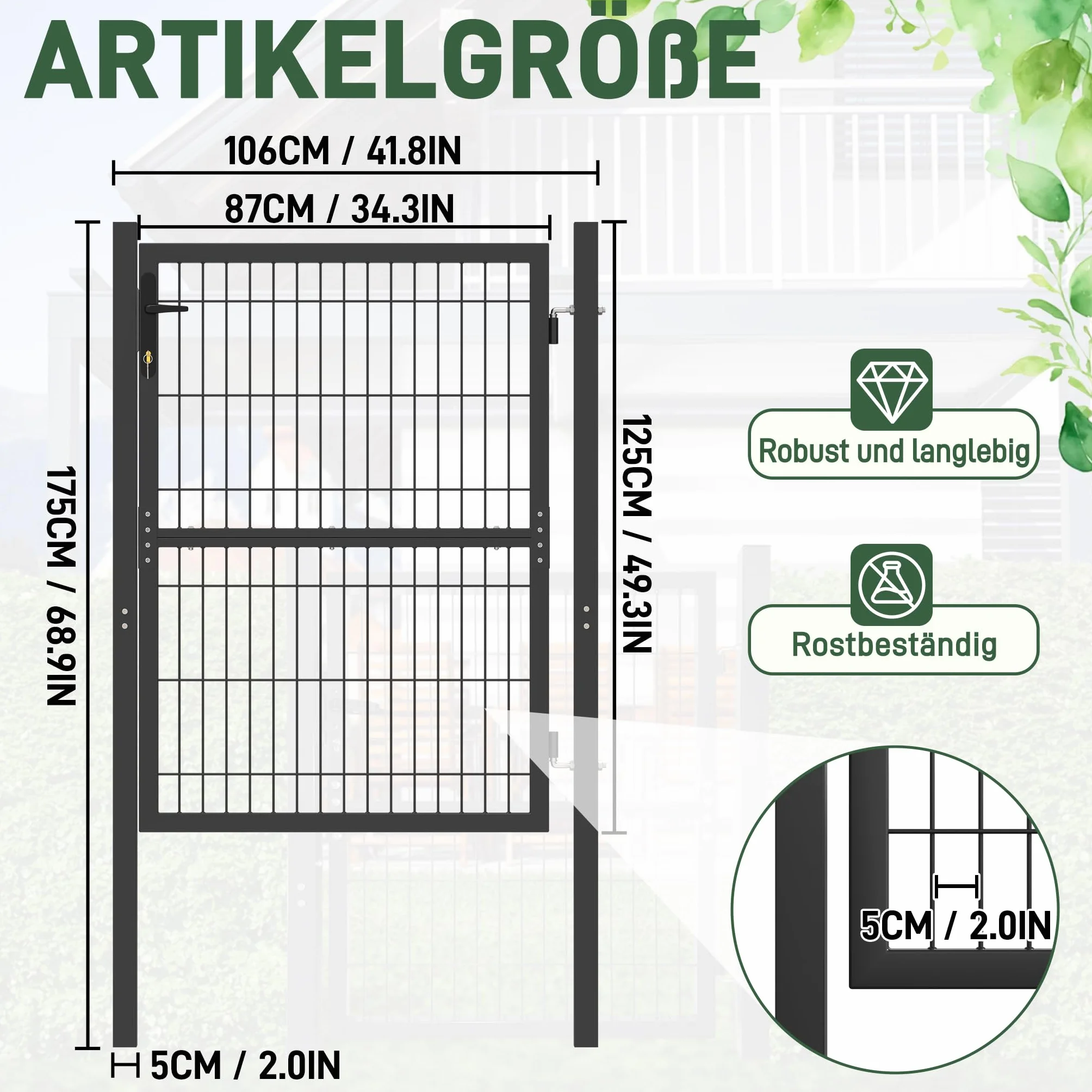 Froadp Cancelli da giardino a battente da 125 x 100 cm, zincati singoli, con pali della porta, maniglie in plastica e serratura a incastro, per giardini, magazzini, cantieri (antracite)