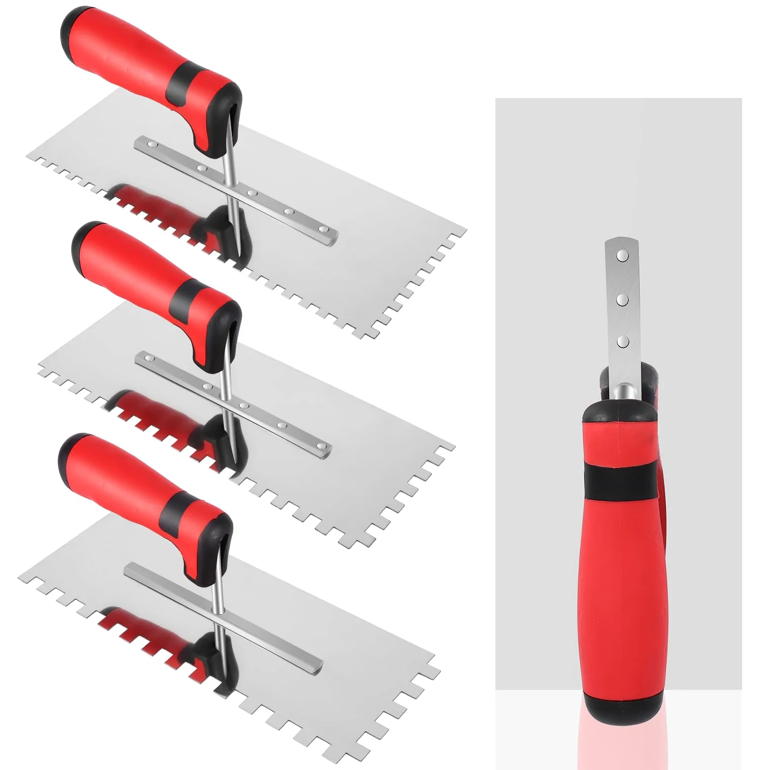 Set per Piastrelle da 4 Pezzi, Cazzuole in Ccciaio Inossidabile, Denti da 6x6 mm, 8x8 mm, 10x10 mm e Spatola per Lisciare, Impugnatura Morbida Comfort, Dimensioni Della Lama 280x107 mm
