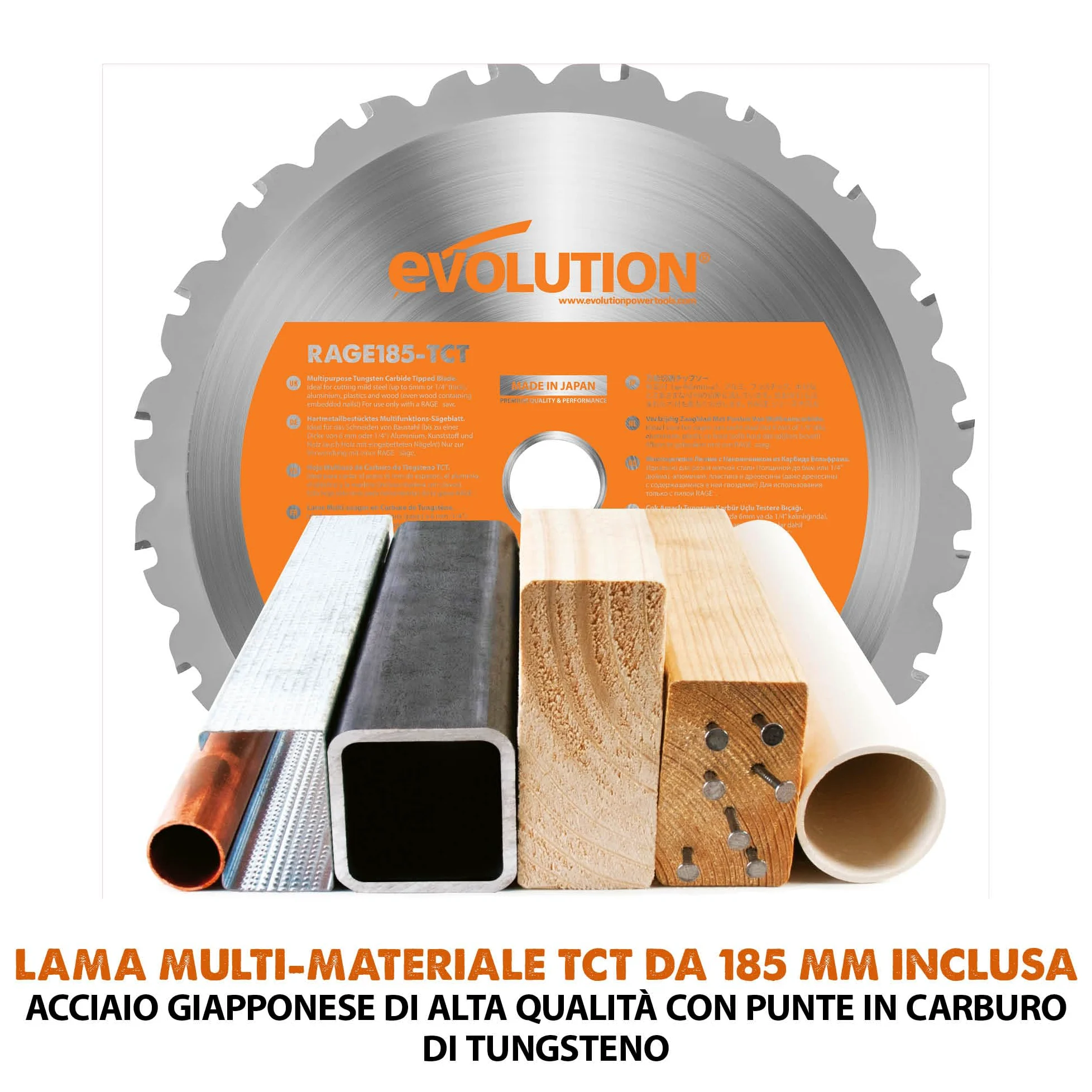Evolution Power Tools Rage 4 Troncatrice a trazione - Multi-materiale per tagli su legno, metallo, plastica e molto altro, 185 mm, 230 V