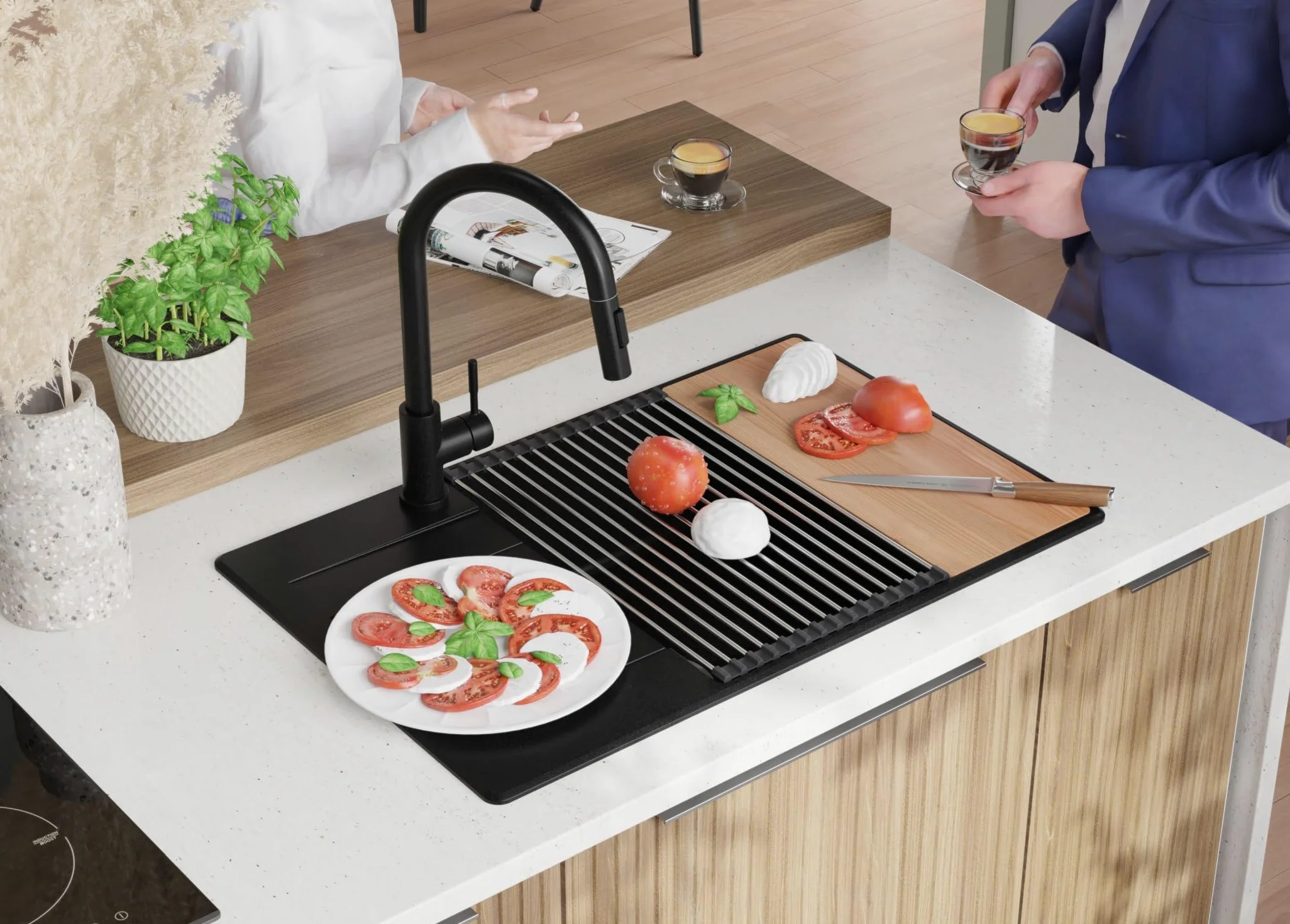 PRIMAGRAN Lavandino da Cucina Nero 78x50cm, Lavello in Granito a 1 vasca + Rubinetto 40x38cm + Set di accessori, Lavabo da Cucina Incasso al Mobile 60cm - Copenhagen Top S613