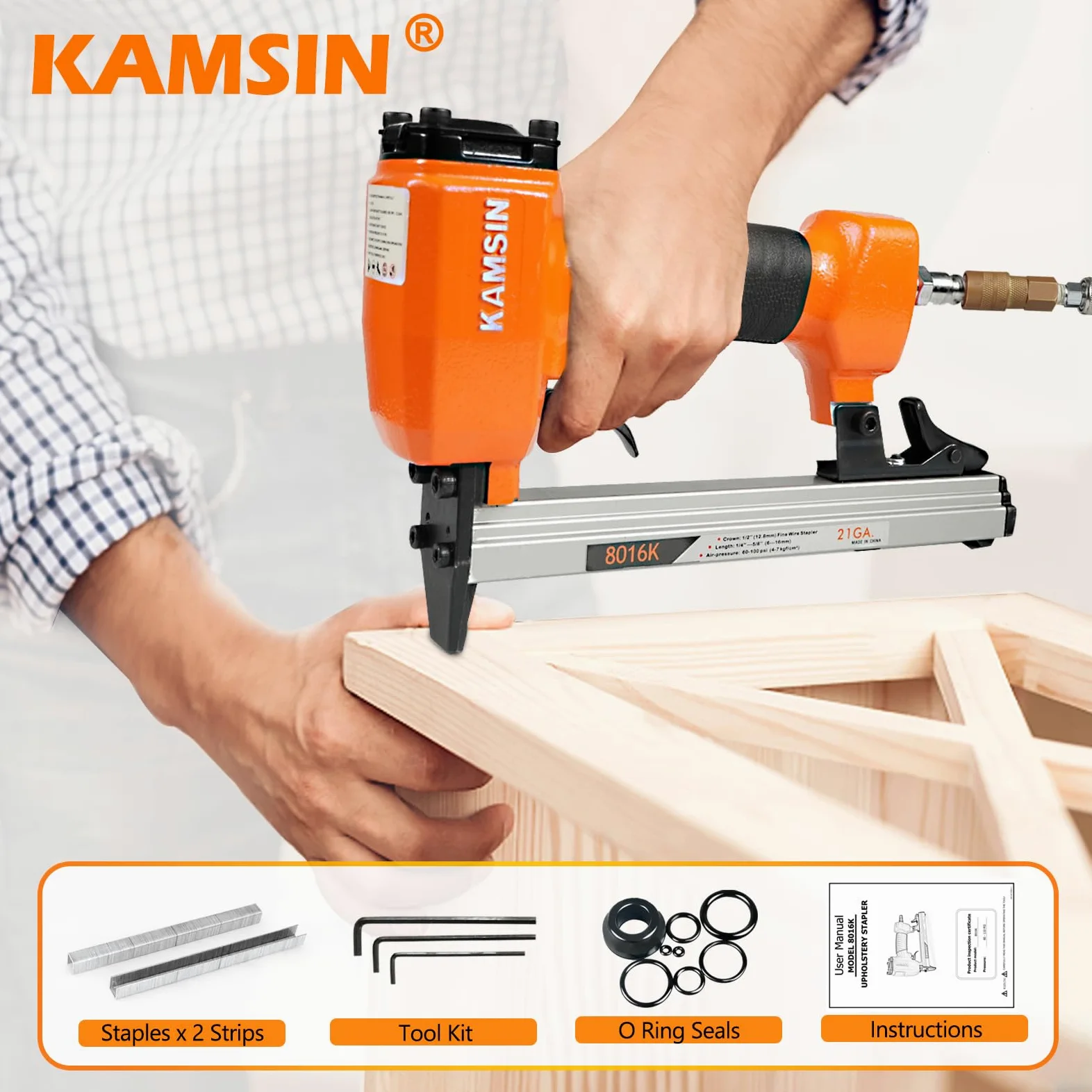 Kamsin 8016K - Pinzatrice pneumatica per tappezzeria, calibro 21, per graffette serie 80, corona 1/2" e gambe 1/4"-5/8", mobili, armadi, legno