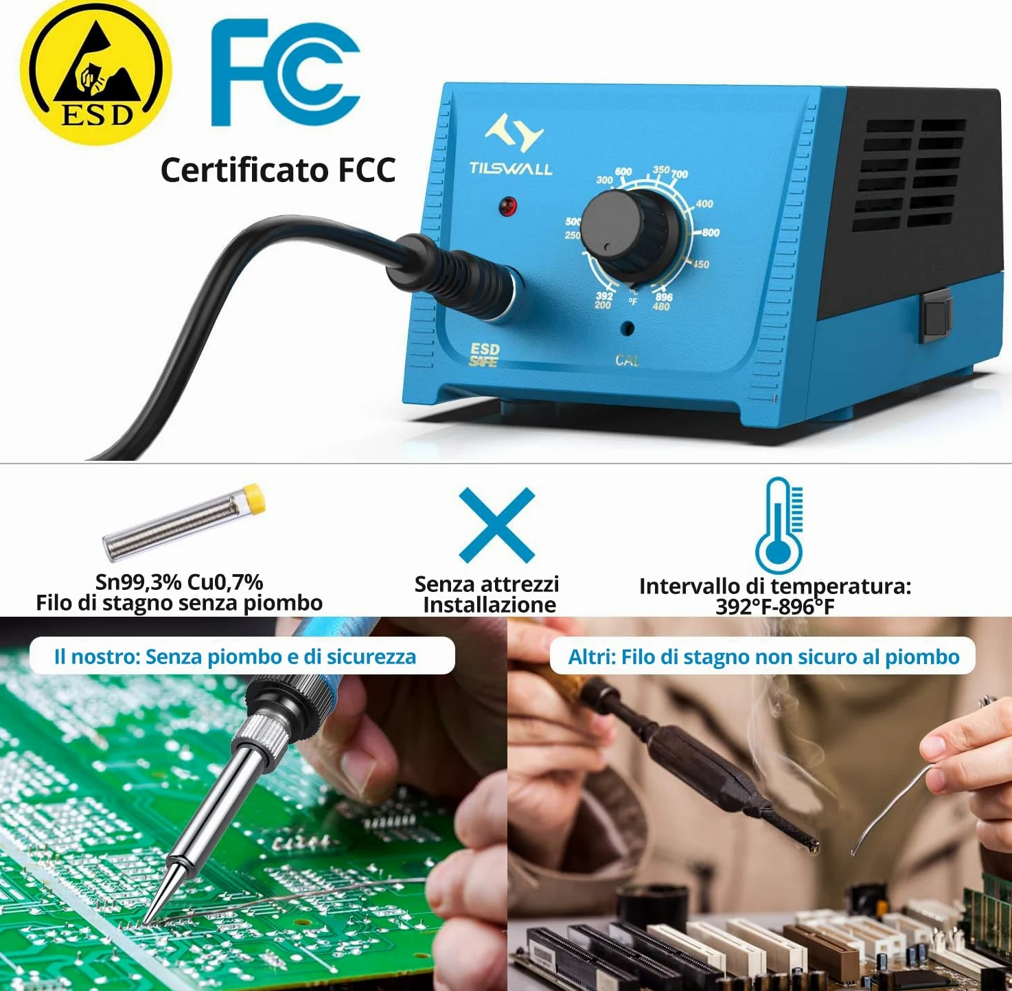 Tilswall Stazione Saldante 65W, Saldatore a Stagno Professionale con Controllo Intelligente della temperatura 200℃-480℃, Kit Saldatura Stagno con 5 Punte per Elettronica per Hobby, Principianti