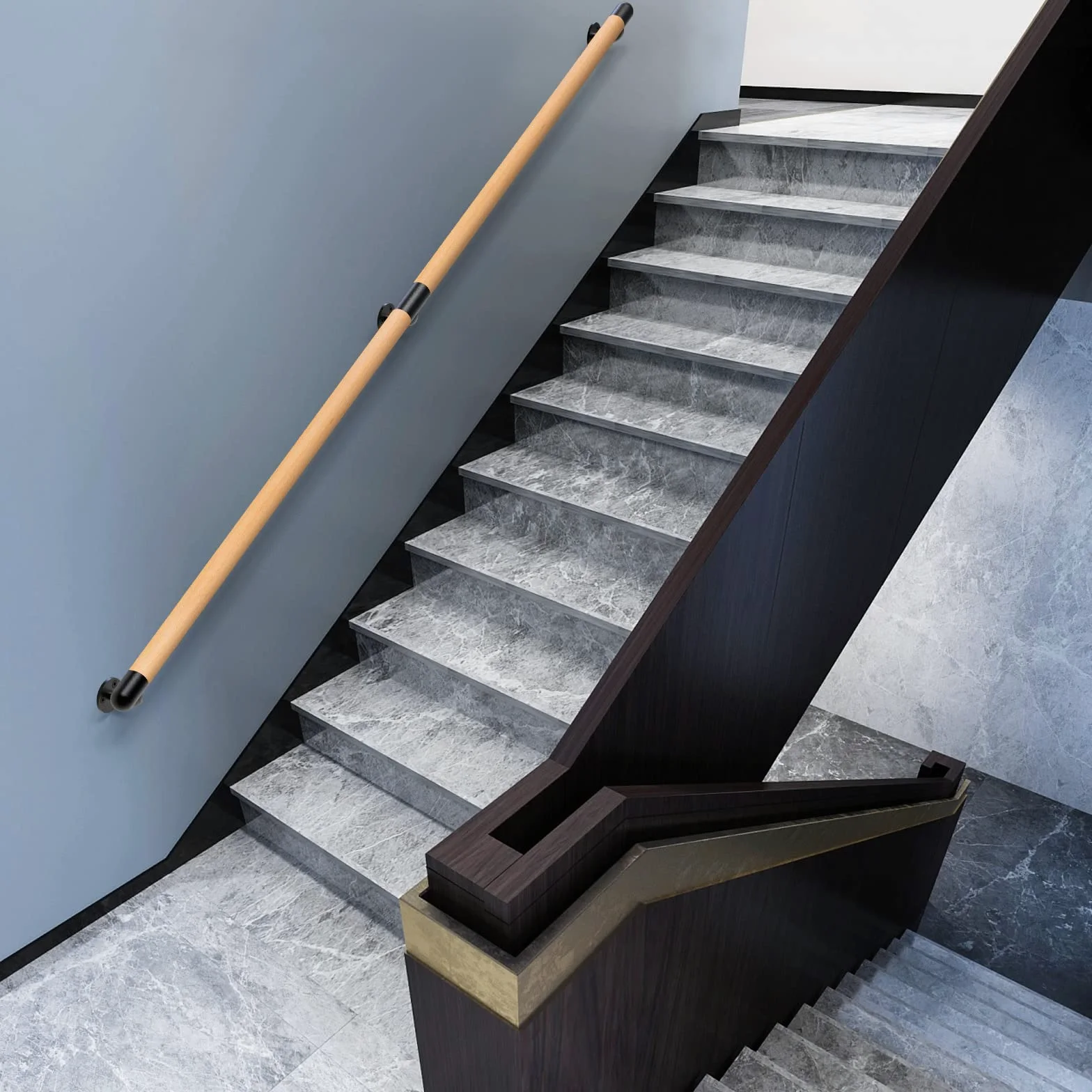 Dolibest Corrimano in Legno 150cm per Scale Interne Con Staffe in Metallo - Barra a Parete Senza Barriere per Anziani