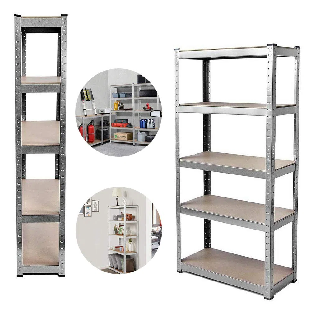 Scaffalatura per garage a 5 ripiani, resistente, 150 x 70 x 30 cm, in metallo, capacità 875 kg, montaggio senza bulloni, versatile, per officina, cucina, soggiorno, scaffali multiuso