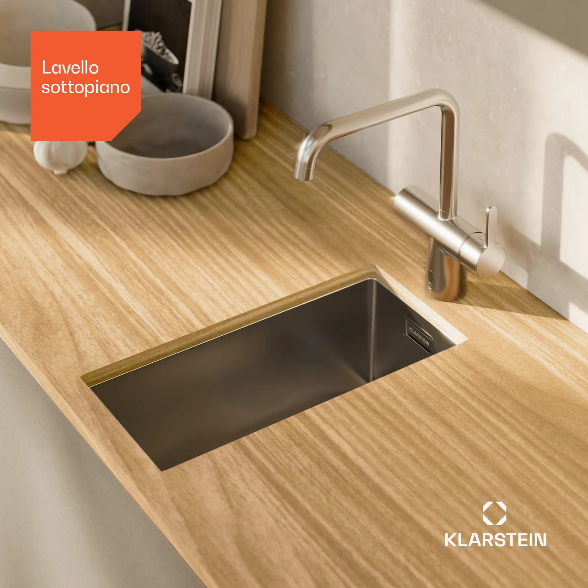 Klarstein Lavello Cucina – Acciaio Inox 304, Design Stretto 23 cm, Resistente a Graffi & Calore, Facile da Pulire, Include Kit Installazione & Troppopieno, 45x23 cm