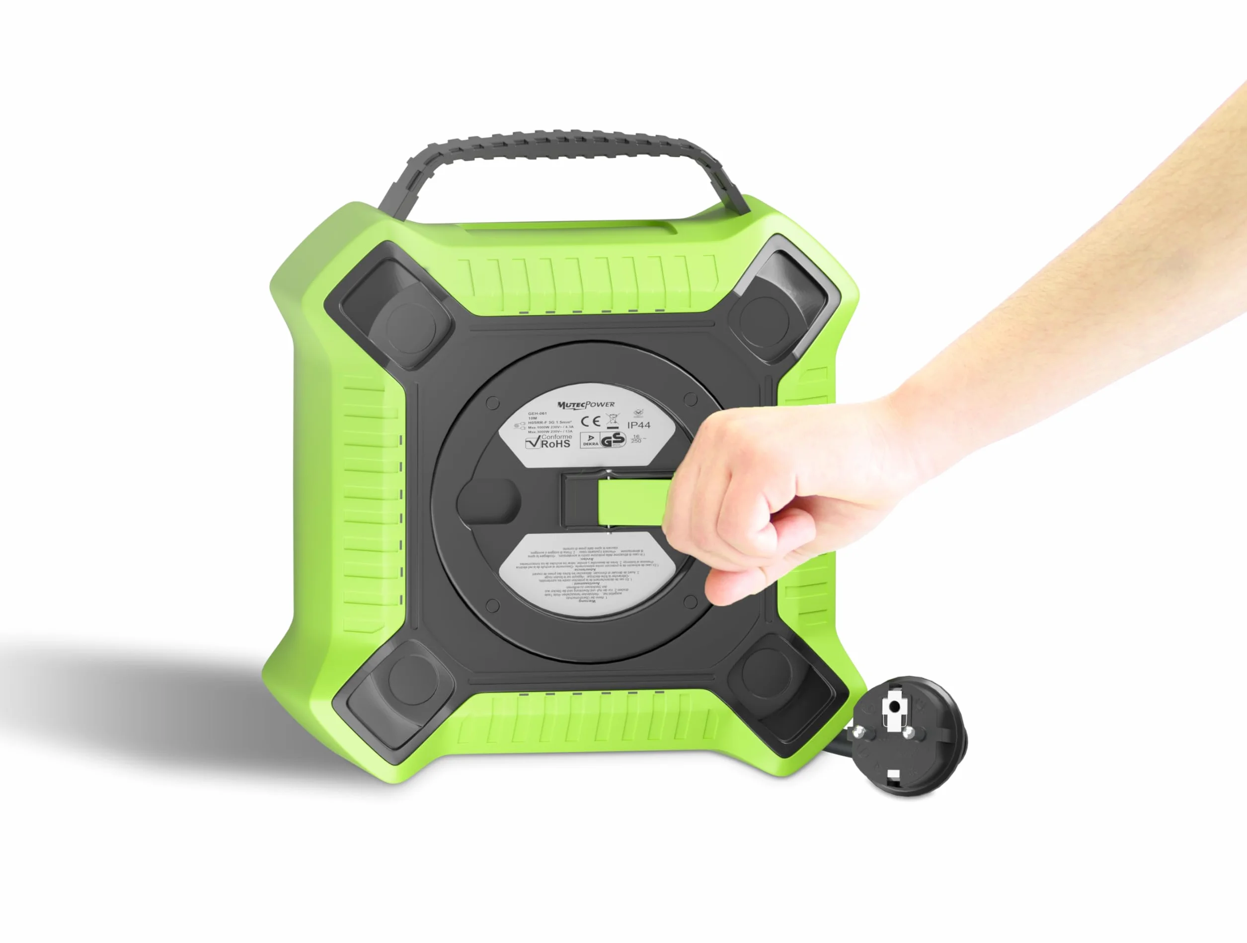 MutecPower Prolunga elettrica 15 metri IP44 Avvolgicavo elettrico SCHUKO con 4 prese di corrente protette per uso esterno, Prolunga avvolgibile 15 metri da esterno H05RR-F 3G1,5 Nero/Verde