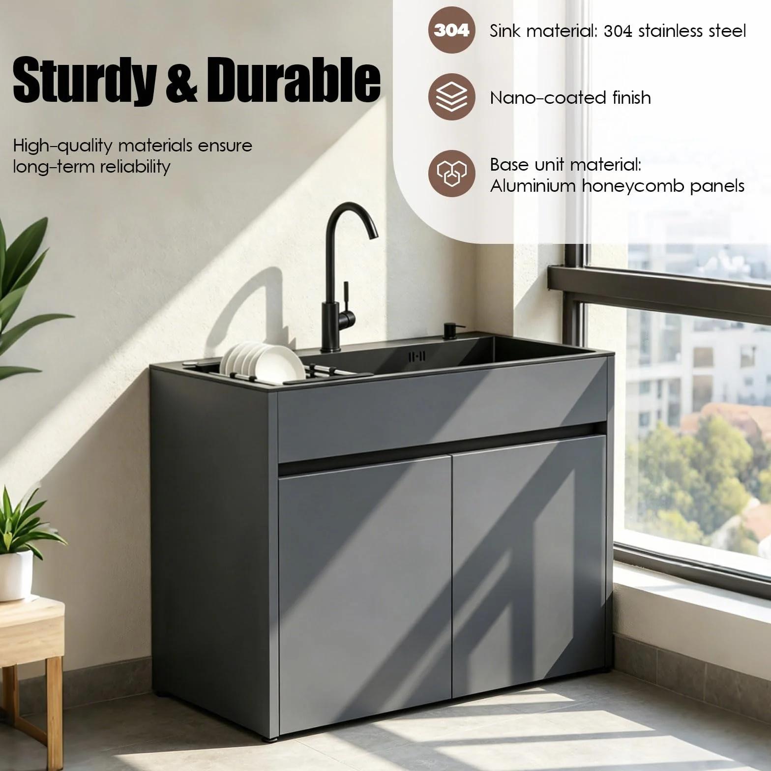 Lavello da Esterno Autoportante con Mobile per Giardino e Officina, lavabo in acciaio inox nero, corpo in alluminio alveolare con piedini regolabili, miscelatore caldo/freddo e kit di scarico inclusi