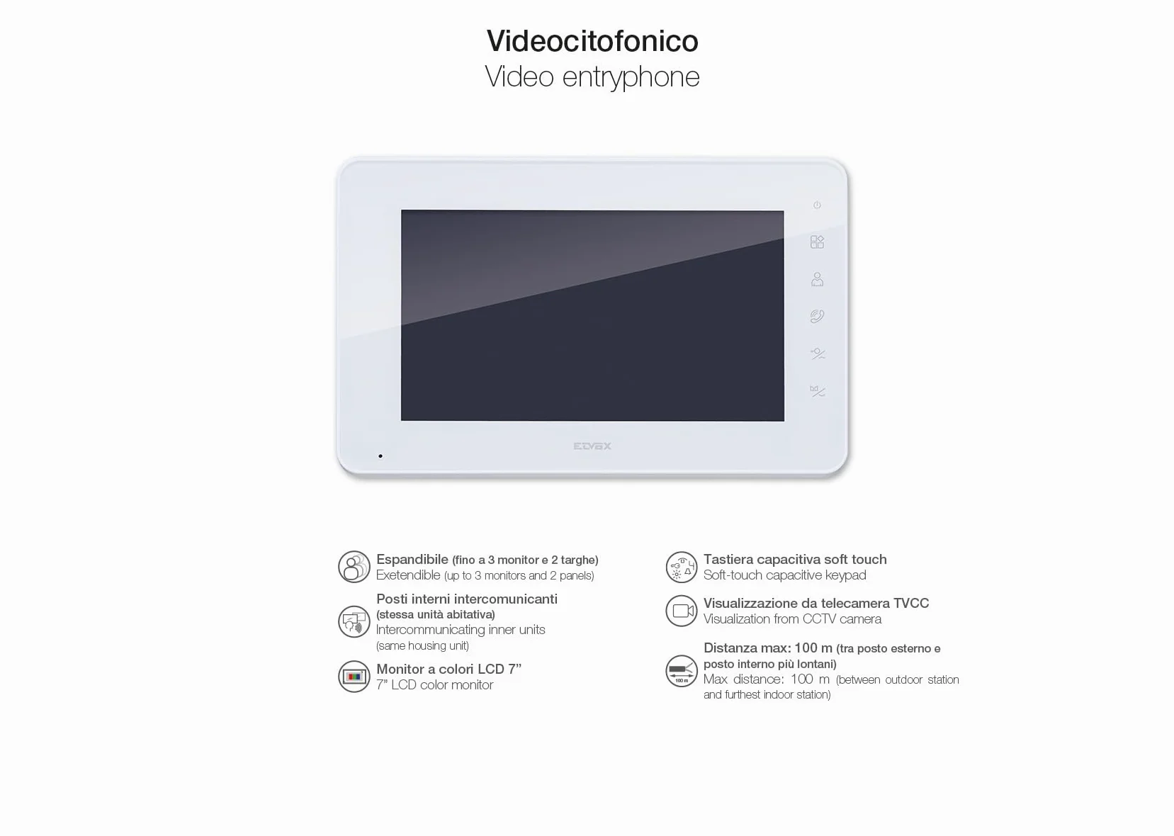 Vimar K42912 Monitor supplementare vivavoce a colori LCD 7" con tastiera capacitiva per kit videocitofono, 1 alimentatore con spine standard EU, UK, USA, AUS, staffe per fissaggio
