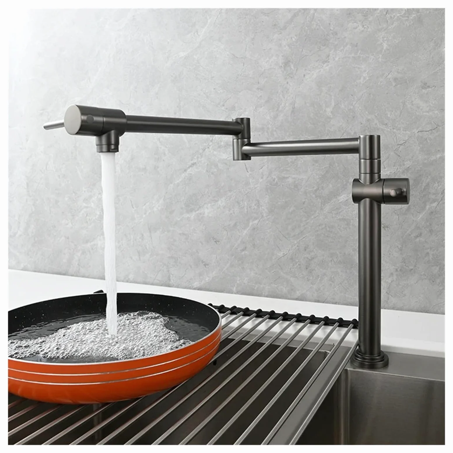 Rubinetto for lavello da cucina a parete, pieghevole ed estensibile, in ottone, con due maniglie, solo for acqua fredda Funzionamento flessibile