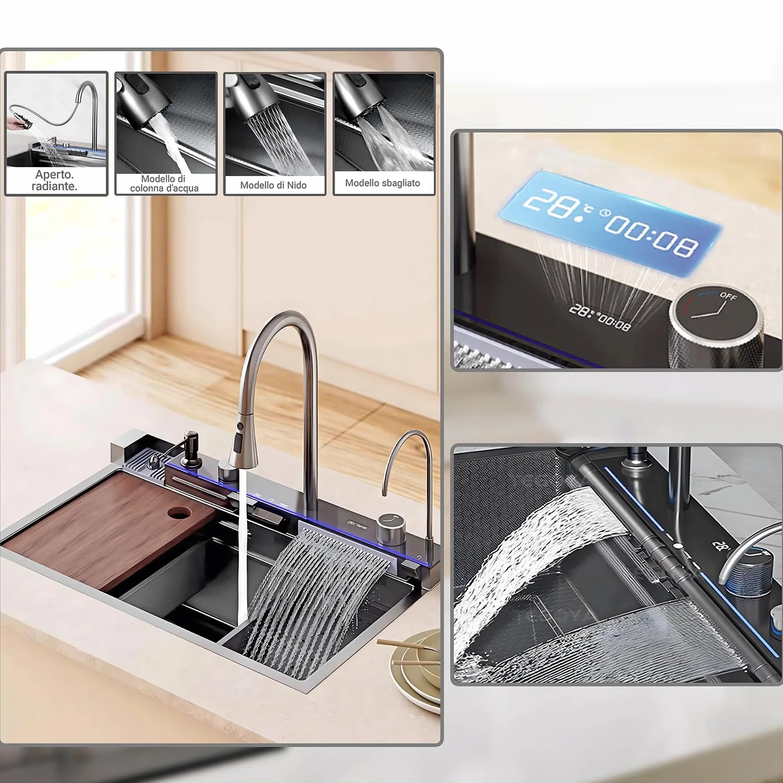 Nero Lavandino Cucina 1 Vasca Multifunzione Kitchen Sink Moderno Acciaio Inox Lavello Cucina Cascata, con Componente Di Drenaggio,Tagliere, Lavatazze, Dispenser di Sapone, Istruzioni (80x45x22cm)