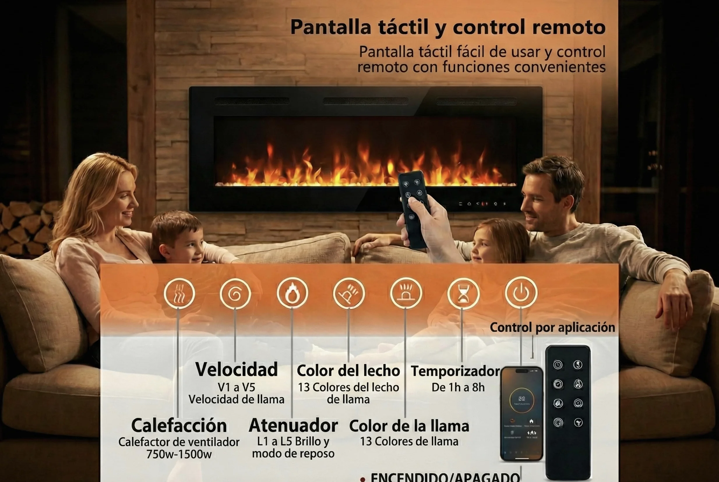 Camino Elettrico da Parete Weka Fireplace Wi-Fi, Ultrasottile, Profondo 7,5 cm, Vetro Temperato, Telecomando e Touch Screen, Riscaldatore da 750/1500 W, Effetto Fiamma Regolabile (127 cm WiFi New)
