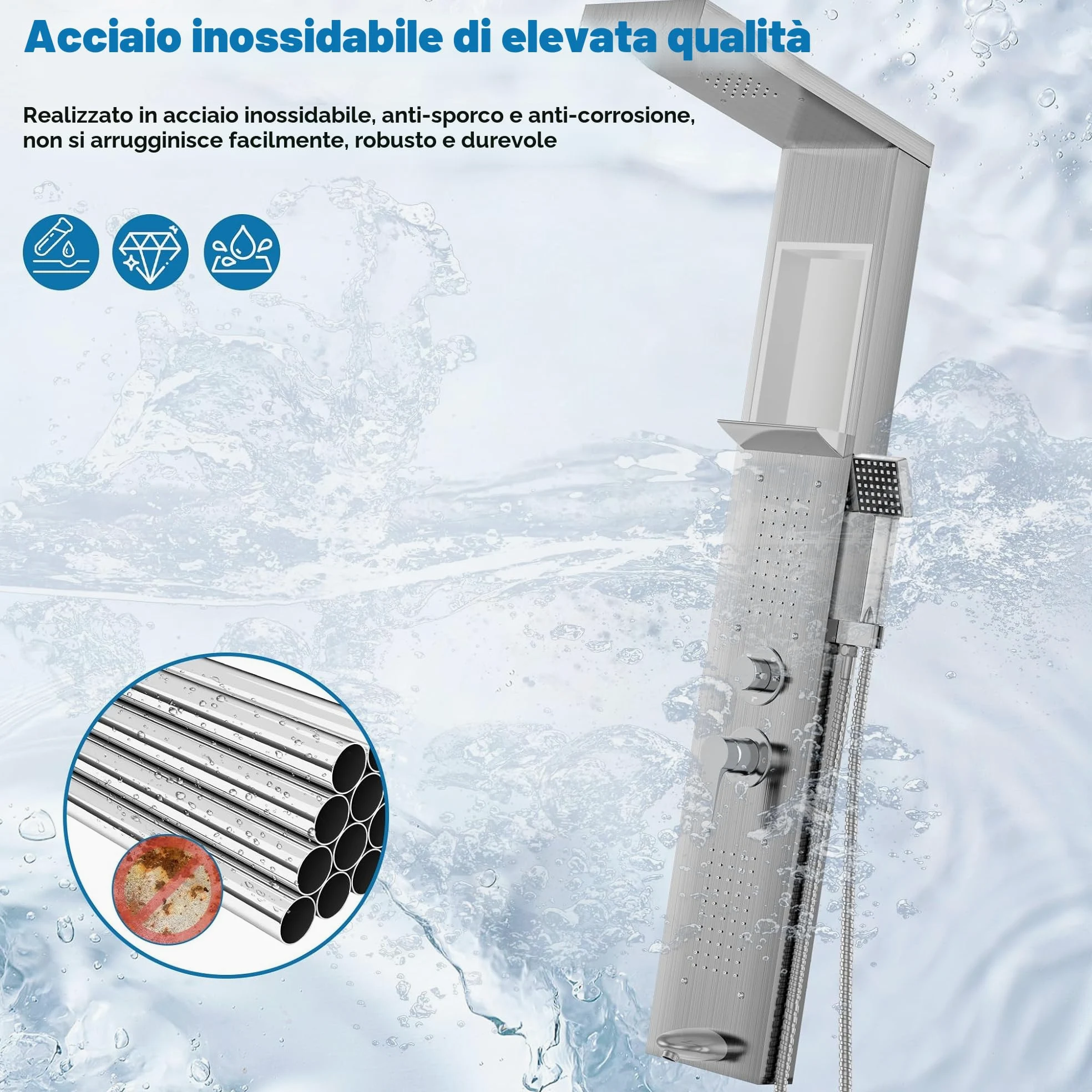 Froadp - Pannello doccia in acciaio inox, sistema doccia a parete con 5 funzioni: doccia a pioggia, con doccetta, doccia massaggiante, doccia a cascata, set doccia completo a colonna (argento)