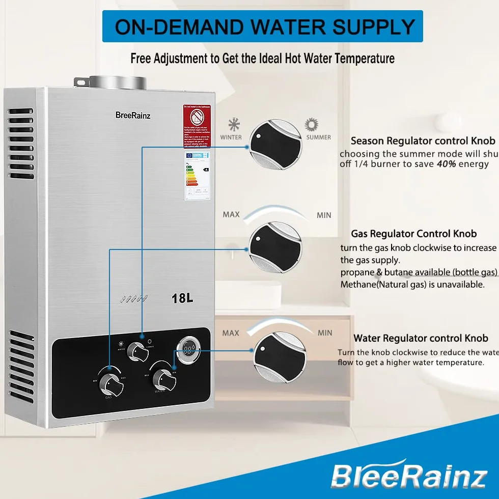 BreeRainz Scaldabagno a Gas 18LPM,36KW Scaldabagno Istantaneo a Propano,Funziona a Bassa Pressione dell'Acqua di Partenza Super Bassa, per Case,Cabine Esterno