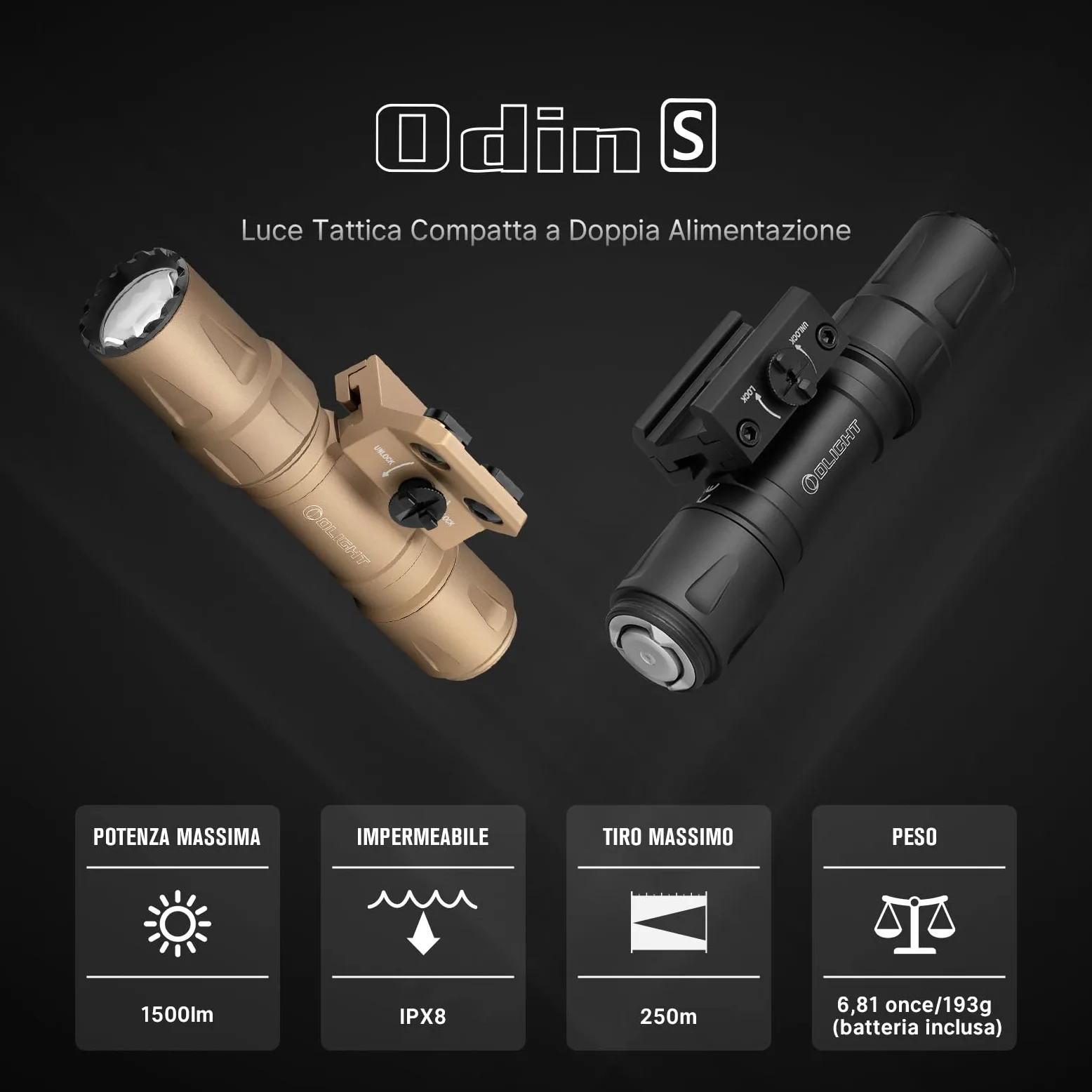 OLIGHT Odin S Torcia Professionale 1500 Lumen, Portata 250 Metri Compatibile con Attacchi M-LOK e Picatinny Design Stabile Leggero Impermeabile IPX7 per Caccia Escursionismo Sicurezza (Nero Picatinny)
