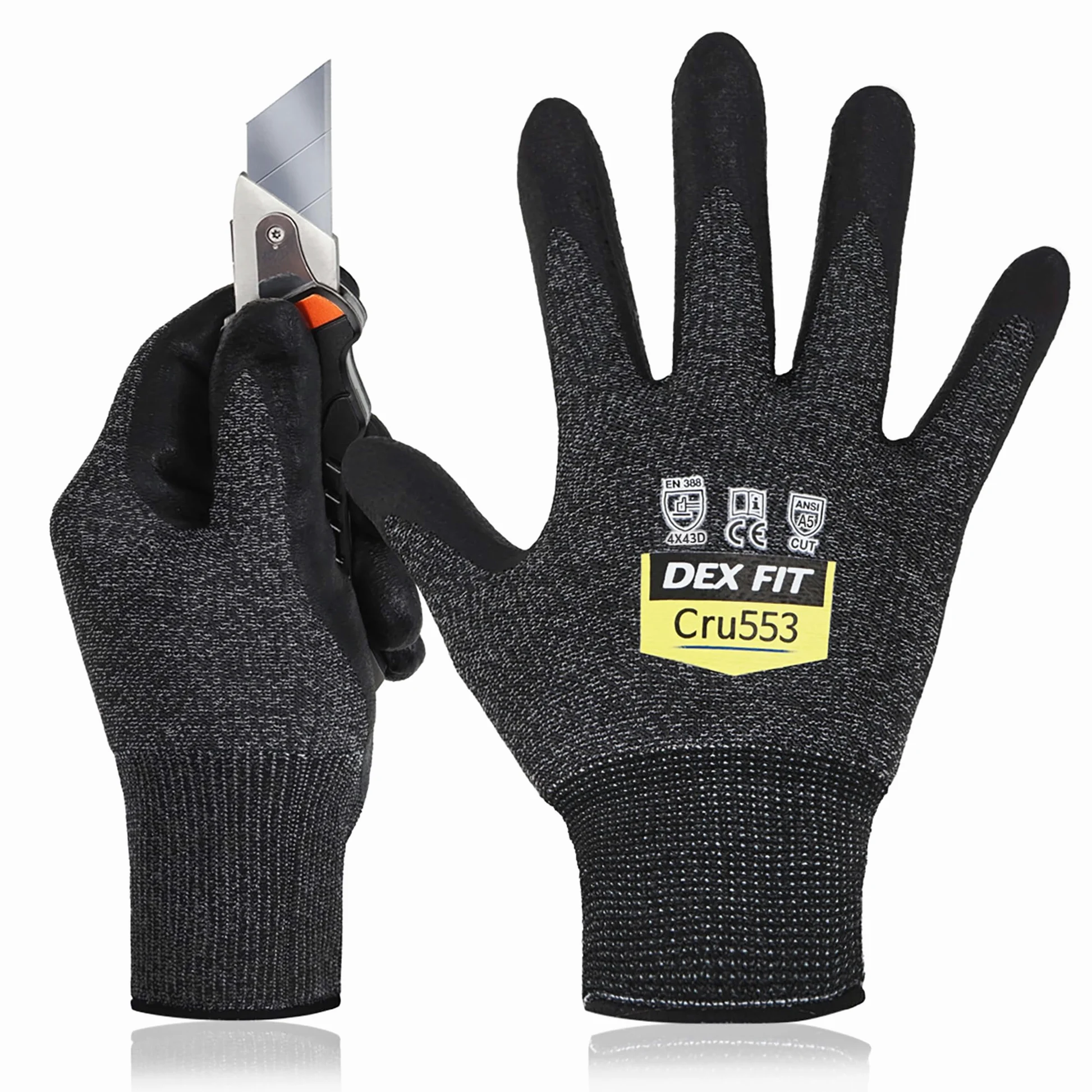 DEX FIT Guanti antitaglio Cru553 Livello 5, presa sicura Power Grip, vestibilità comfort 3D professionale, sottili & leggeri, traspiranti, compatibili touchscreen; Nero Grigio 10 (XL) 12 Paia
