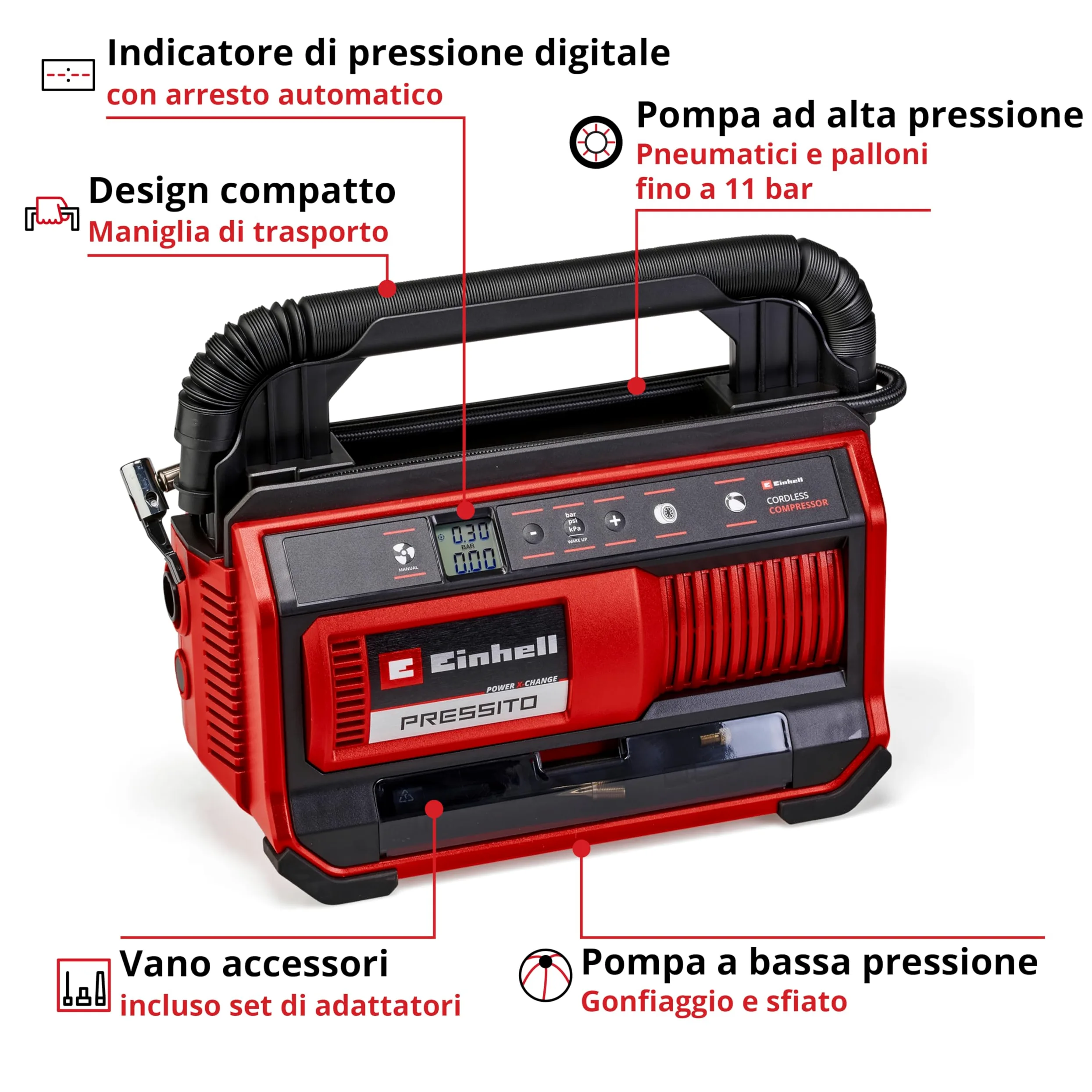Einhell Compressore a batteria PRESSITO 18/25 Power X-Change(18 V, max. 11 bar, incl. kit 3 adattatori, incl. tubo flessibile alta press. 71 cm e tubo flessibile bassa press. 1,6 m, senza batteria)