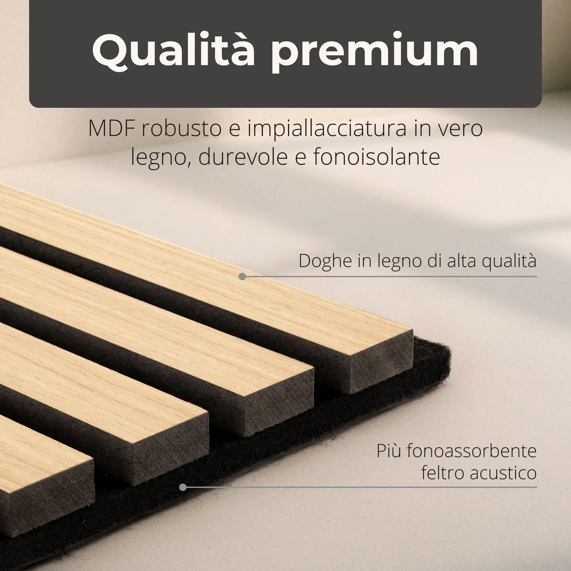 4 pannelli acustici in legno 120x60 cm con lamelle rovere chiaro – pannelli da parete per ridurre il riverbero in casa e in ufficio – rivestimento parete 3D interno
