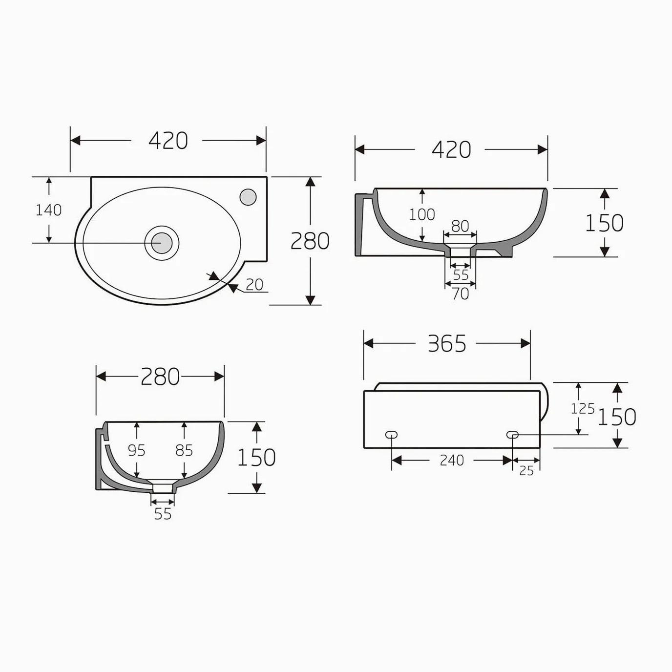 BERNSTEIN® Lavabo piccolo da parete KW198 in ceramica, ospiti, bagno – 42 x 28 x 15 cm, lavabo sospeso con foro per rubinetto, colore in bianco, con scarico e apertura bianco - 5 anni di garanzia