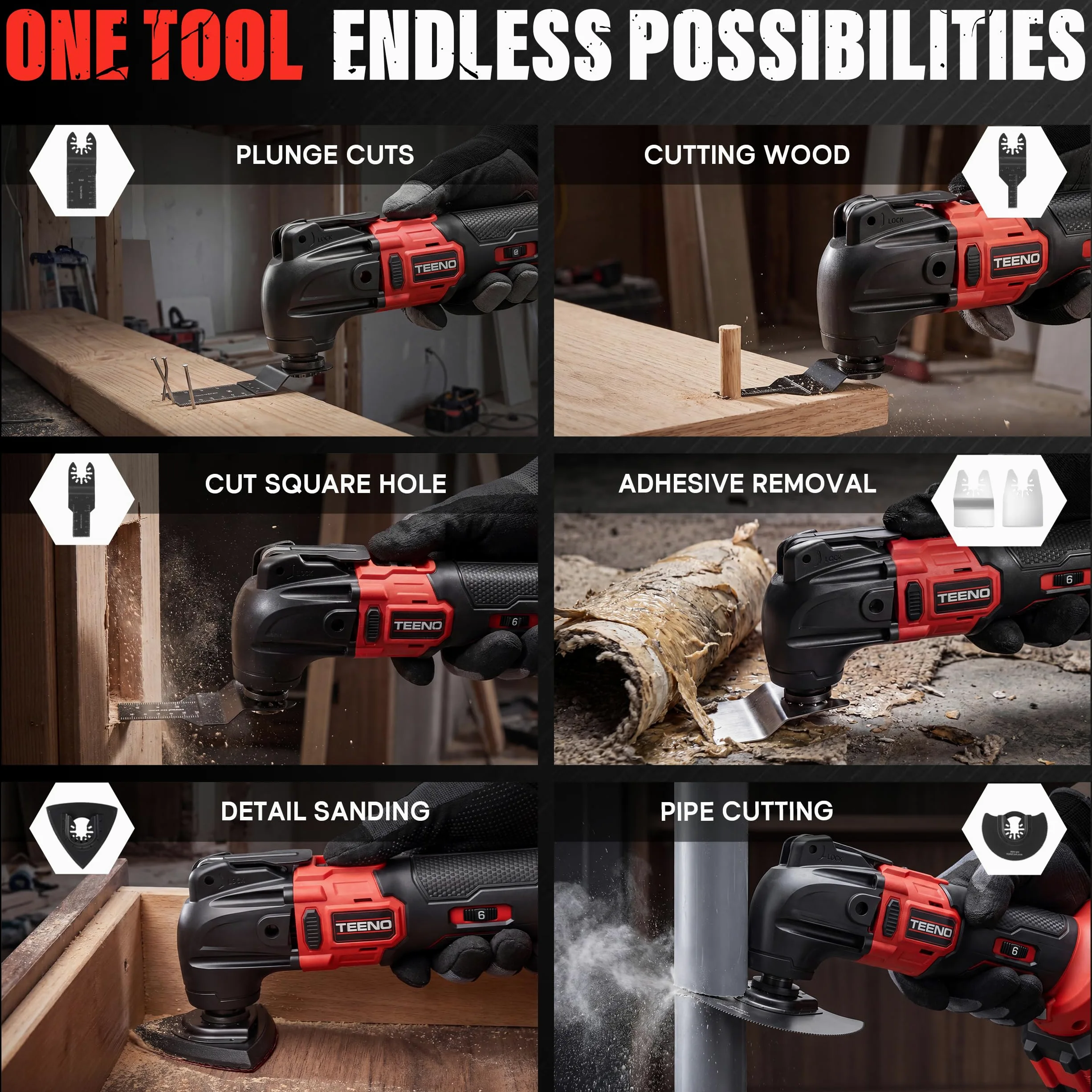 Strumento multifunzione oscillante senza fili 20 V, Brushless Strumento multifunzione senza fili con 6 velocità, 2 x 4.0 A batterie, 8500-21000 giri/min, caricabatterie, angolo oscillante 4°, per
