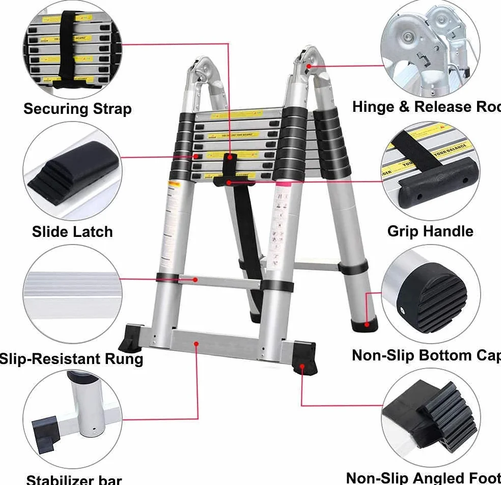 Qimu Scala telescopica da 5 m, in alluminio, allungabile, 2,5 m + 2,5 m, con stabilizzatore, scala in alluminio flessibile per esterni