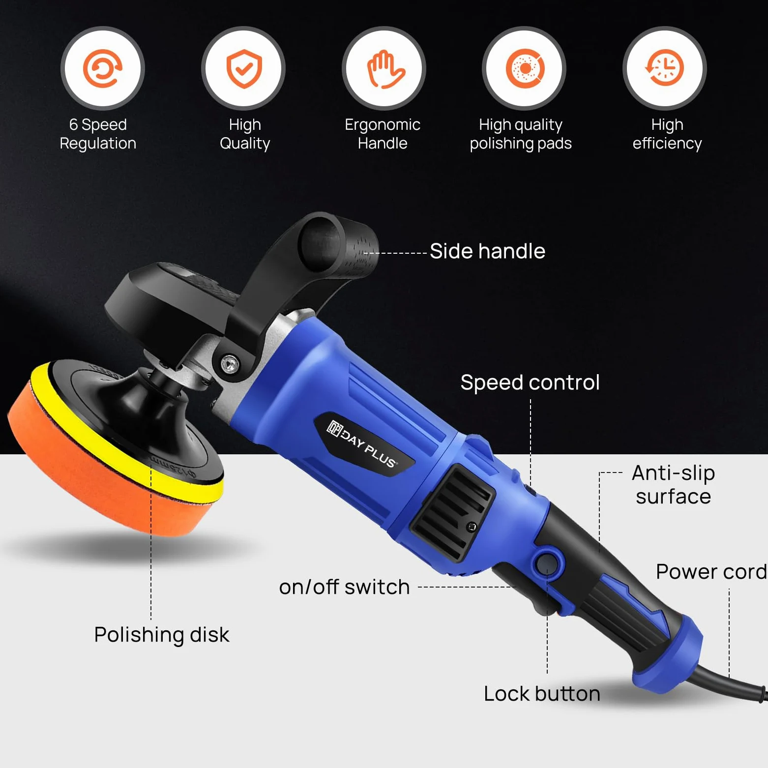 HSHa Lucidatrice per auto, 1400 W, set con piastra lucidante da 150/180 mm, lucidatura orbitale casuale, 6 velocità variabili, impugnatura a D e multi pad per la lucidatura della cera