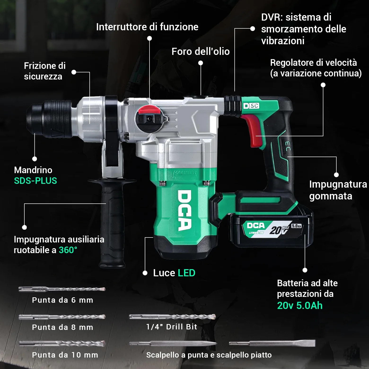 DCA Martello Perforatore a batteria 20V, 4,5 J e 3800 BPM, 4 pezzi da 28 mm SDS-Plus, trapano a Percussione ad alte prestazioni con controllo delle vibrazioni, batteria da 5,0 Ah, caricatore 4A
