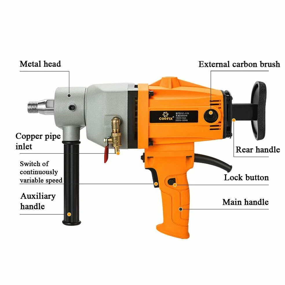 Fayelong Trapano a nucleo diamantato, trapano a nucleo, 7.1 pollici, 180 millimetri, per foratura a umido e a secco, 3000 W, 220 V