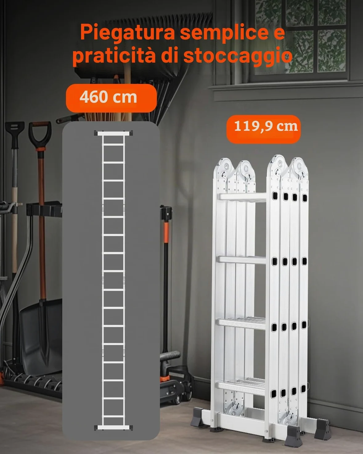 VEVOR Scala Pieghevole Multiuso, Scala Telescopica Regolabile 4 Gradini con Struttura ad A, Scala Estensibile per Impieghi Gravosi con Altezza 4,7 m Capacità 149,7 kg per Lavori Domestici all'Aperto