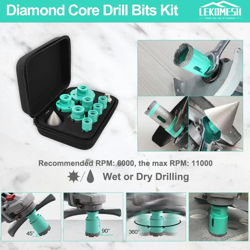Punte Diamantate per Piastrelle - 10 pezzi (6/6/8/25/50/68mm+10mm Fresa Diamantata+35mm Fresa Diamantata+50mm Punte per Smusso+Adattatore) Seghe a Tazza per Gres Ceramica