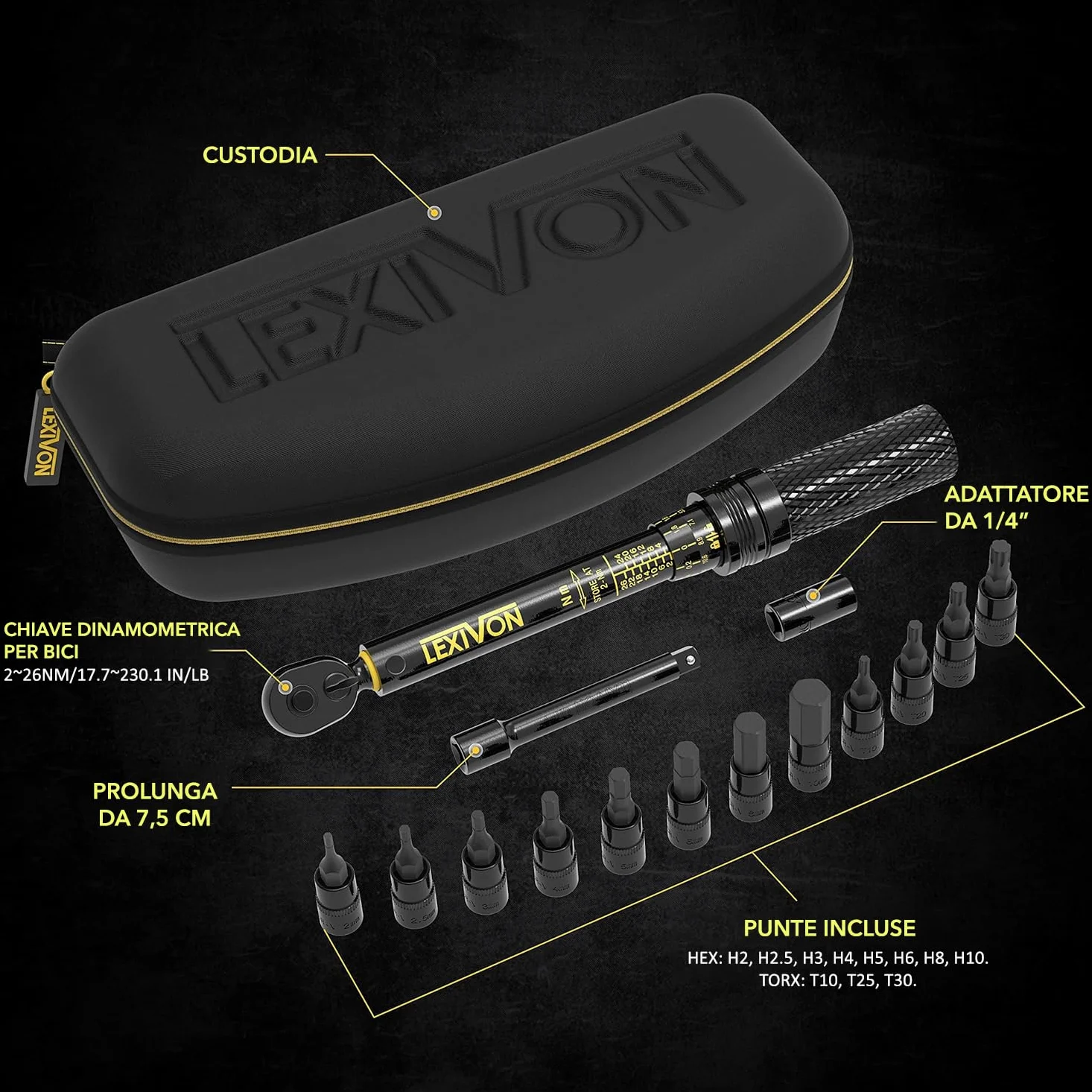 LEXIVON Chiave Dinamometrica Bici/Moto 1/4'' | 2~26 Nm, Set da 15 Pezzi di Punte Esagonali e Torx, Kit Chiavi Dinamometriche Professionali Portatile per Bicicletta, Mountain Bike Tools (LX-191)