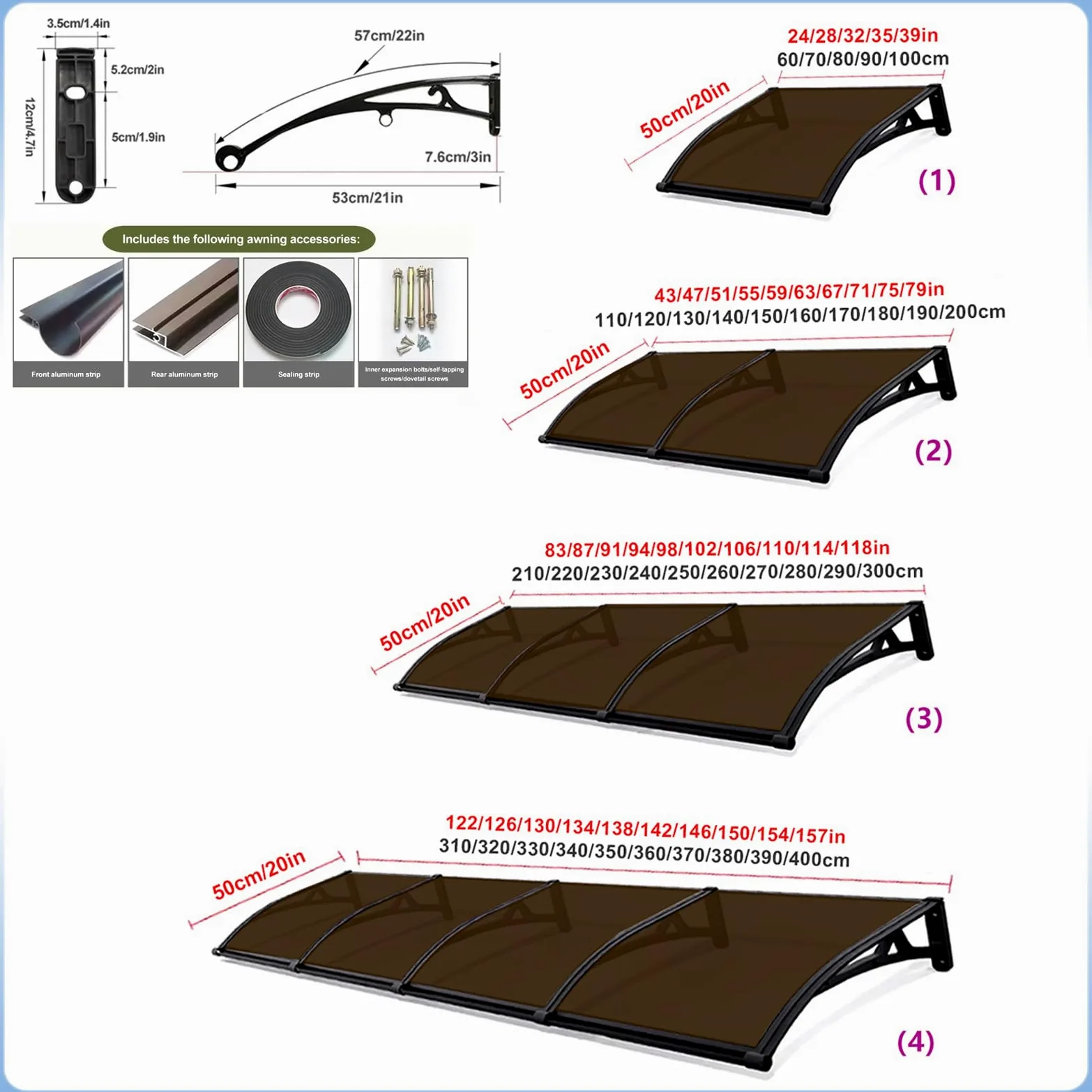 Pensilina Tettoia per Porta e Ingresso in Alluminio,Tende da Sole Marrone,Tendone in Policarbonato Curvo,Garden Pensilina da Esterno,Resistente ai Raggi UV Antipioggia (50x280cm)