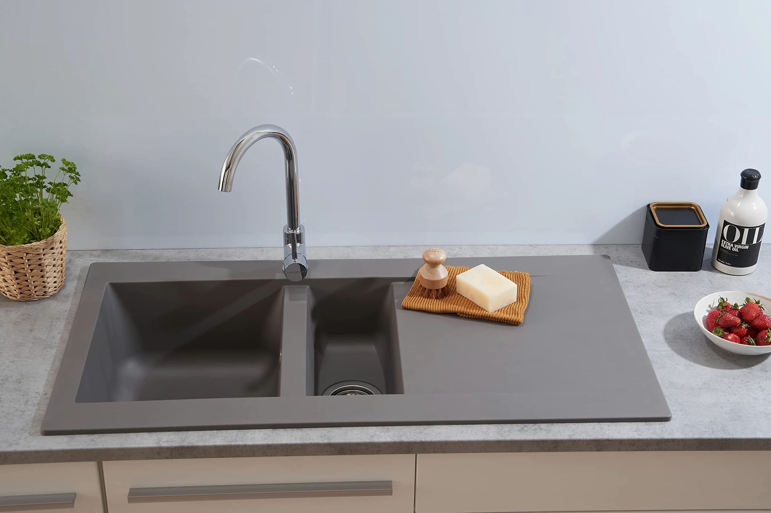Respekta Lavello da Cucina Denver in Mineralite Color Grigio Cemento, Lavello da Incasso a 1,5 vasche, dimensioni 100 x 50 cm, Lavello Adatto per Mobili Sottolavello da 60 cm di Larghezza