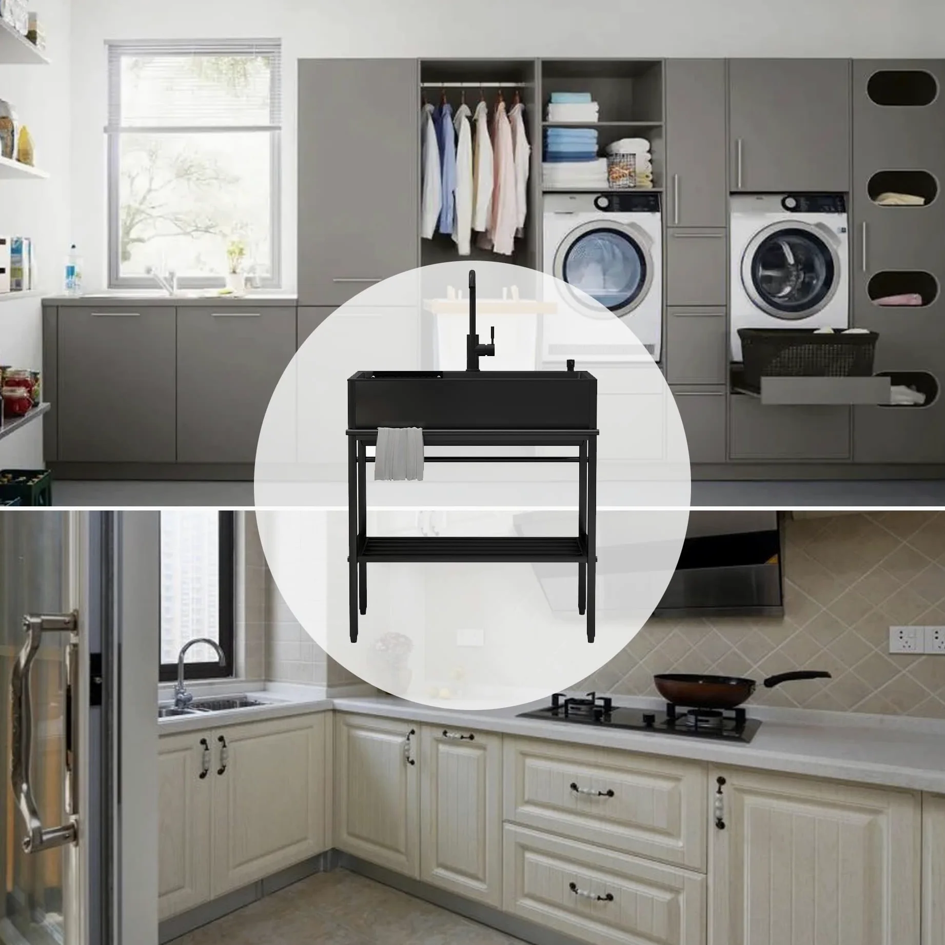 Lavello Cucina 1 Vasca,Mobile Lavabo Esterno Acciaio Inox 304,con Rubinetto E Cestello Allungabile,Distributore Di Sapone,Lavandino Nero Multifunzione,per Bar Garage Ristorante Lavanderia (Size : 80*
