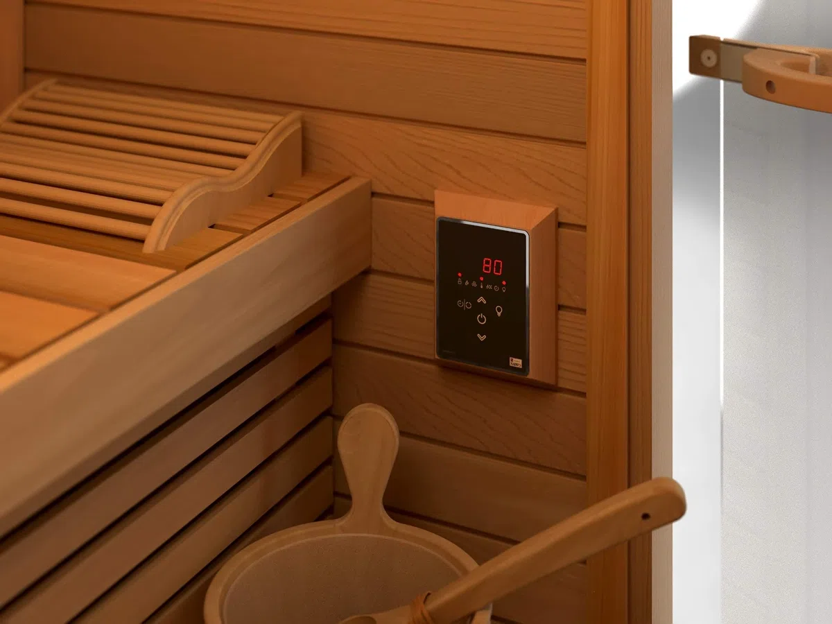 Sawo Aries Ni2 - Stufa elettrica per sauna da 6 kW, 230 V/400 V, con pannello di controllo Saunova e pietre da sauna da 60 kg