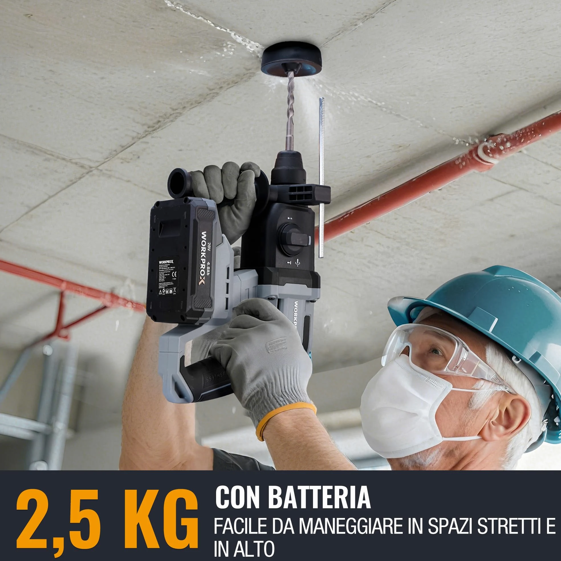WORKPROX Martello perforatore a batteria 20V SDS-Plus, 2,0 J, Motore Brushless, 4 Funzioni, Batteria 4,0Ah, Ideale per Fai-da-te e Lavori Professionali