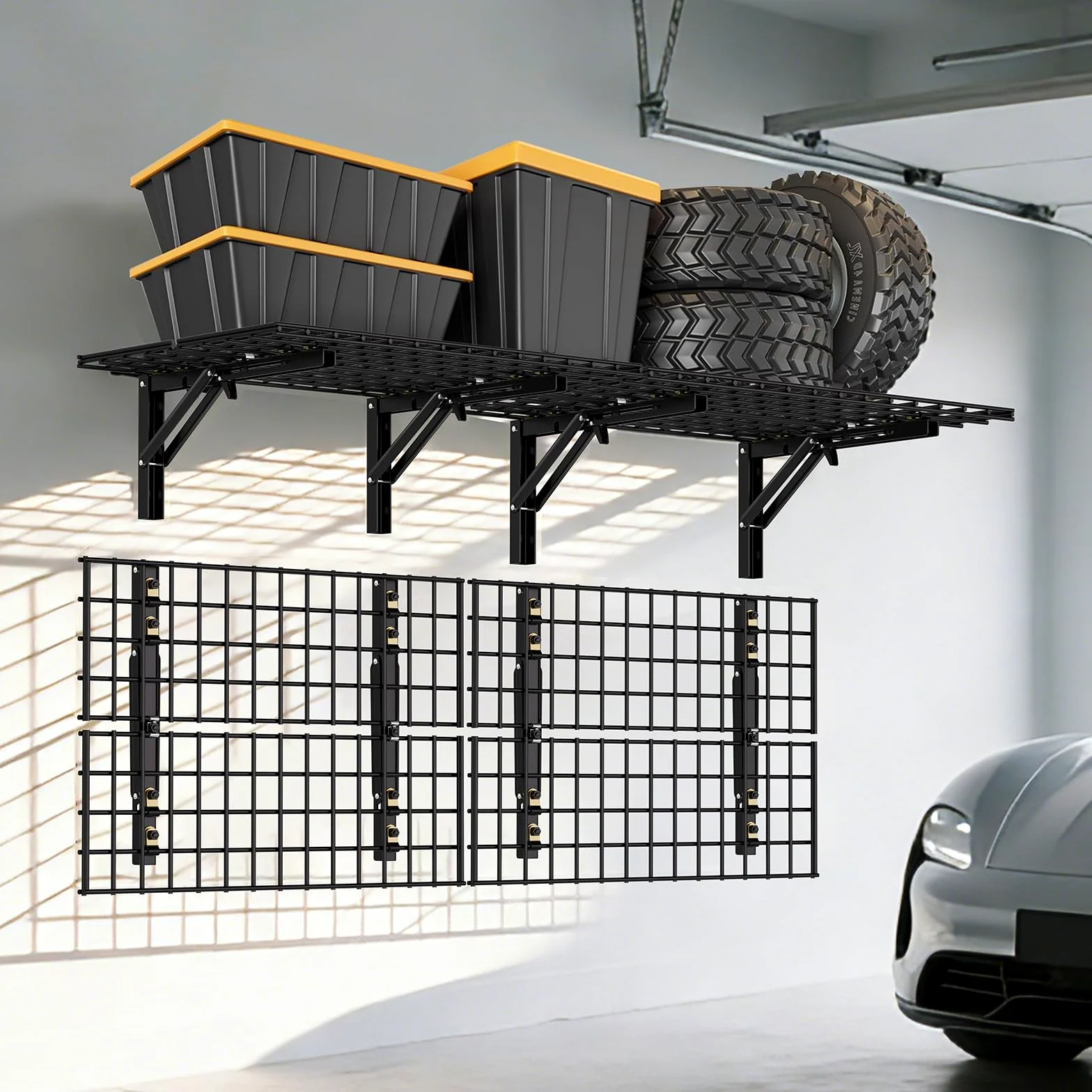 AIRAJ Scaffale da garage pieghevole 182 x 60 cm (2 x 6 FT), 2 pezzi, scaffalature da parete in metallo, portata 726 kg, per garage, officina, giardino, magazzino, colore nero