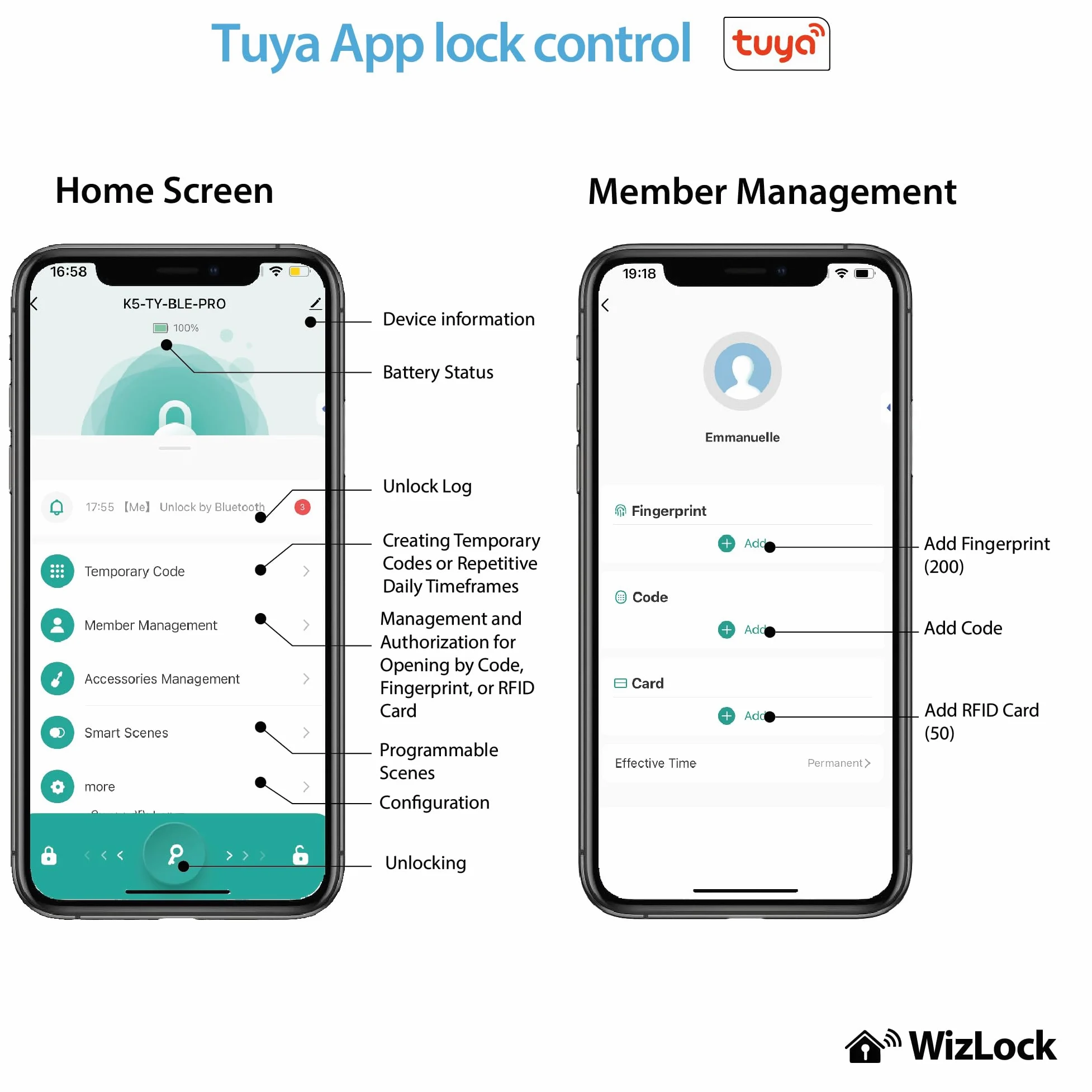 WizElek – Cilindro serratura smart Tuya Bluetooth, gateway Bluetooth/Wi-Fi incluso, lega di alluminio effetto inox argento – Accesso: codice, badge RFID (4), impronta, app, chiave (2)