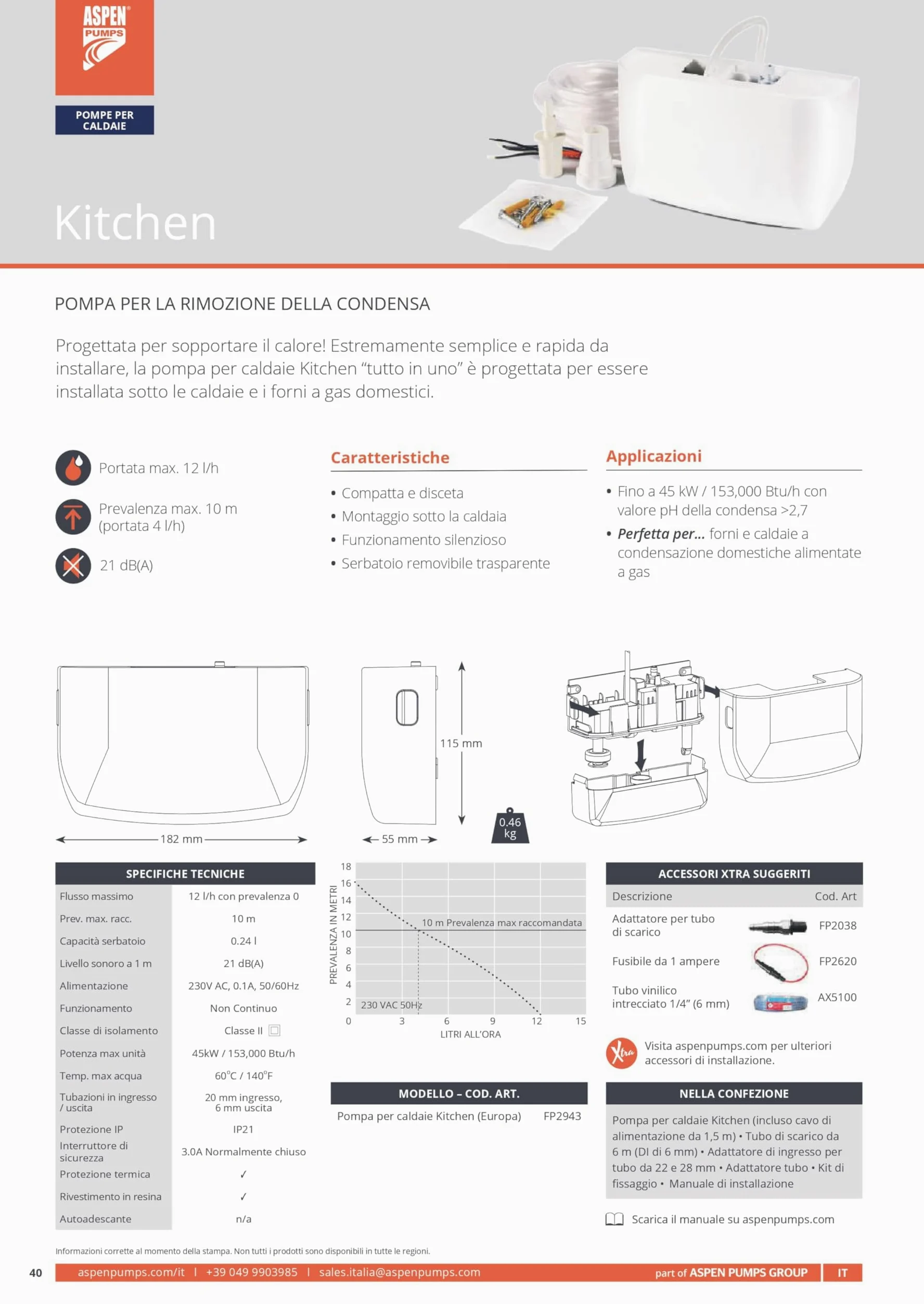 Aspen Pumps Kitchen Boiler Pump FP2943 - Pompa Scarico Condensa per Caldaie a Condensazione e Forni a Gas, 12 L/h, Altezza Max 10 Metri, Silenziosa 21 dB(A)
