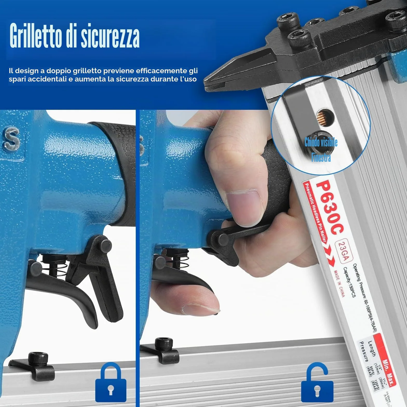 P630C - Chiodatrice pneumatica con pin da 23 gauge, 3000 chiodi inclusi, pistola con pin senza testa e grilletto di sicurezza, adatta per chiodi da 12 a 30 mm, micro pin per armadi